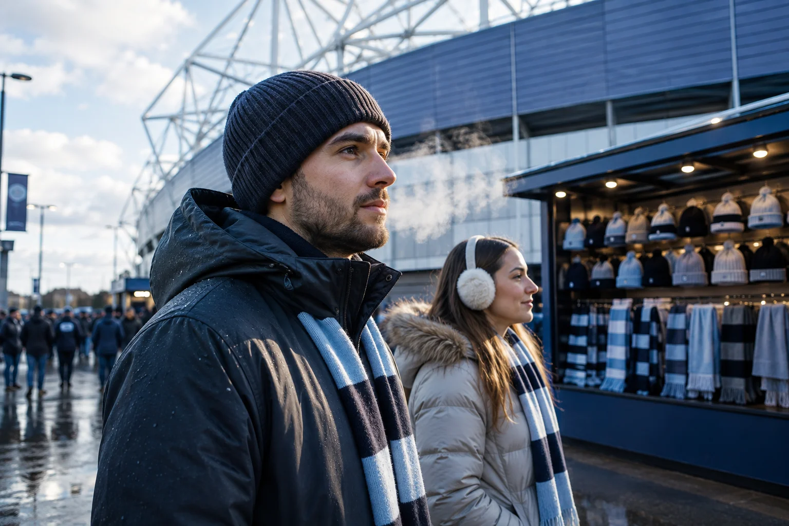 رجل وامرأة wrapped in warm winter coats, beanies, and team scarves outside a football stadium near a merchandise stall on a cold day.