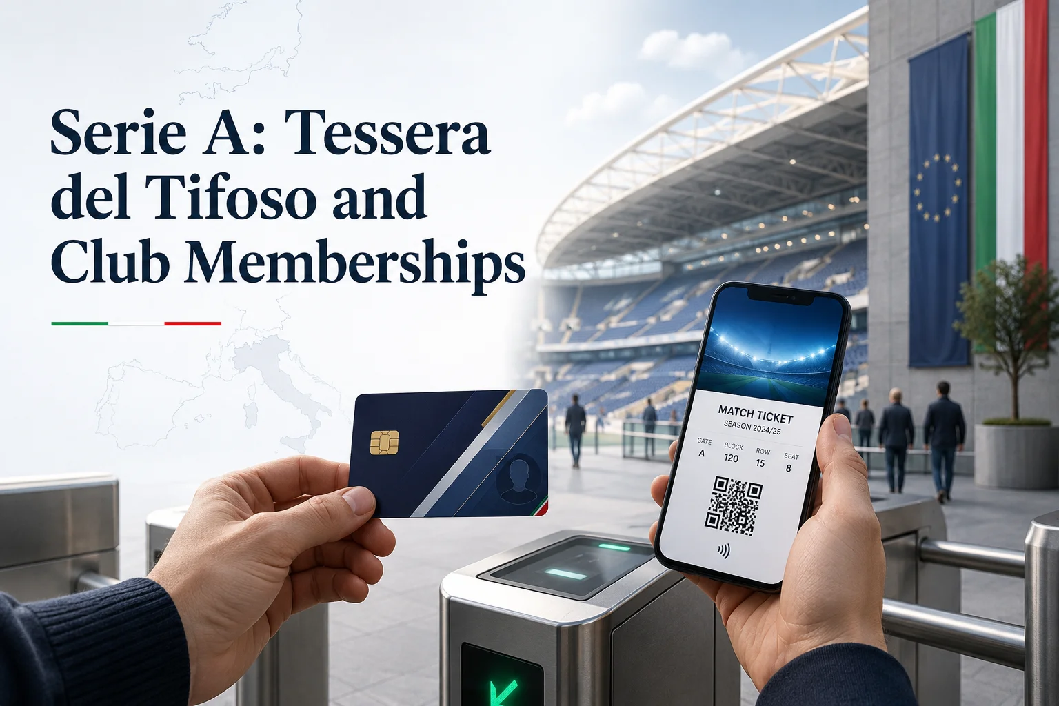 مؤيد يحمل هاتفًا ذكيًا مع تذكرة مباراة رقمية بجوار بطاقة تحديد الهوية لمشجع إيطالي تسيرا ديل تيفوسو عند بوابات الملعب.