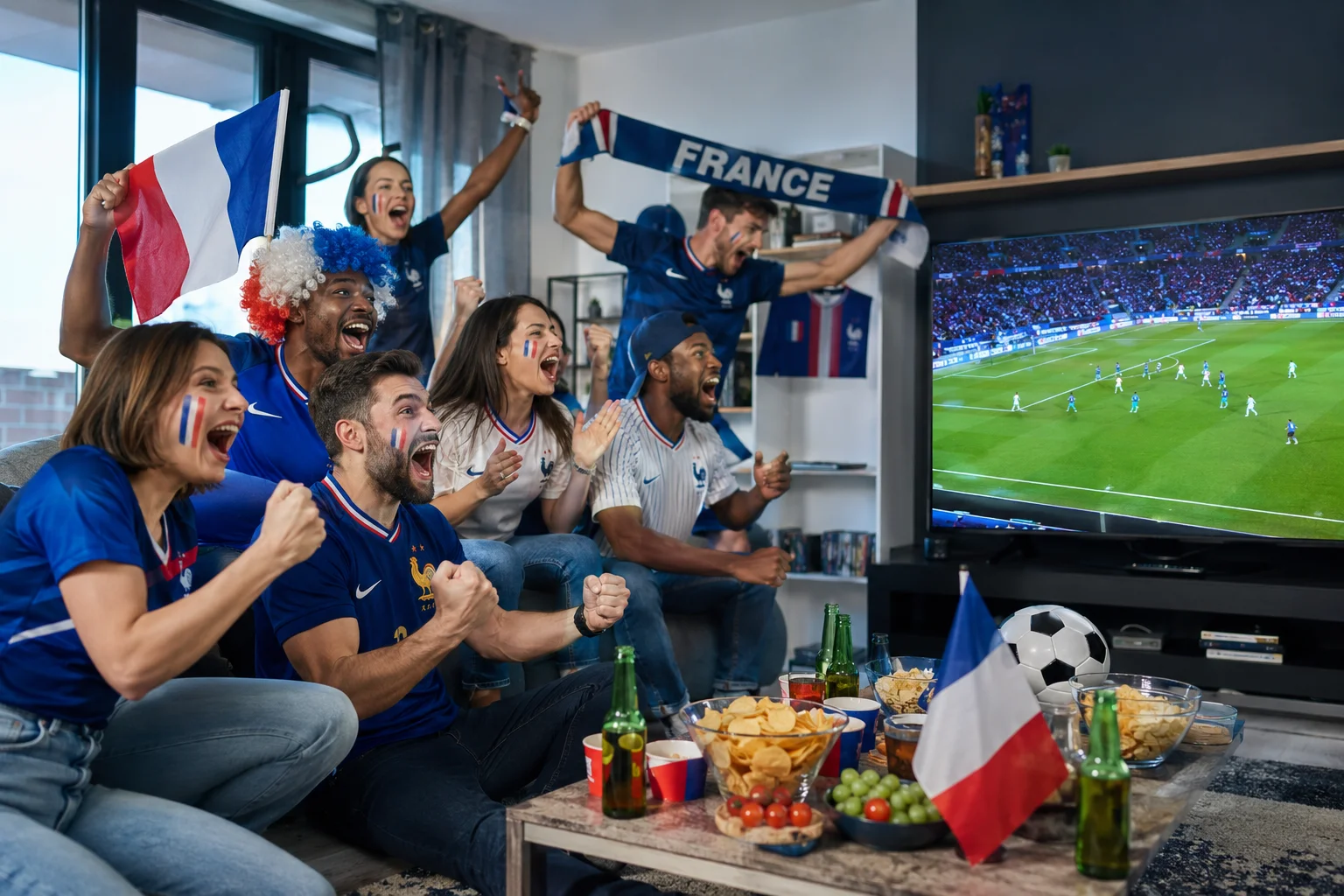 مشجعو فرنسا يحتفلون معًا أثناء مشاهدة كأس العالم 2026 على التلفزيون في غرفة المعيشة.