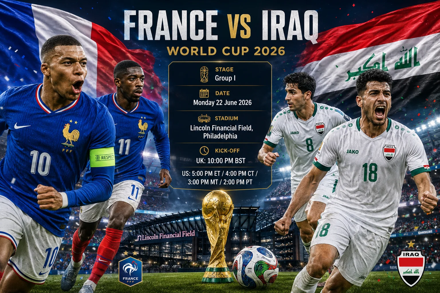 شاشة مباراة لمرحلة المجموعات لكأس العالم 2026 تُظهر "فرنسا ضد العراق." على اليسار، لاعب فرنسي في ملابس زرقاء داكنة يواجه اليمين أمام خلفية زرقاء داكنة مع شعار الاتحاد الفرنسي لكرة القدم. على اليمين، لاعب عراقي في ملابس خضراء يقف أمام خلفية خضراء بجانب شعار الاتحاد العراقي لكرة القدم. الكأس الذهبية الشهيرة لكأس العالم تقف في الوسط، مع النص في الأسفل يقرأ: "17 يونيو | تورنتو، كندا."