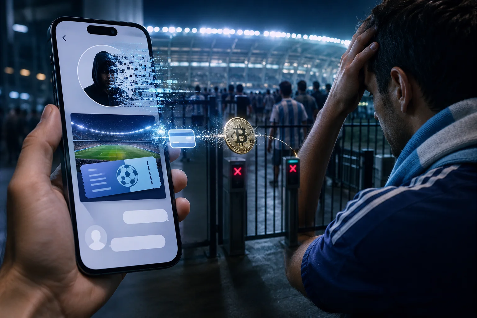 توضيح مفاهيمي لشاشة هاتف ذكي تظهر مظروفًا رقميًا مفتوحًا يحتوي على كأس العالم، تذكرة مباراة، صندوق هدايا، وعملة ذهبية، ترمز إلى عرض مزيف جذاب. خطاف صيد ذهبي كبير يمسك العملة، فيسحبها بعيدًا. أسفل المظروف، إصبع يستعد للضغط على زر أزرق متوهج يعرض أيقونة سلسلة حمراء مرتبطة بخطأ ضار باللون الأحمر. على اليمين، بطاقة ائتمان سوداء مقيدة بسلاسل ثقيلة وتتحطم إلى قطع بينما تتساقط العملات الذهبية منها تحت أيقونة خطأ ضار متوهجة حمراء. في الخلفية، هاتف ذكي آخر يعرض رمز تحقق أمان باللون الأخضر.