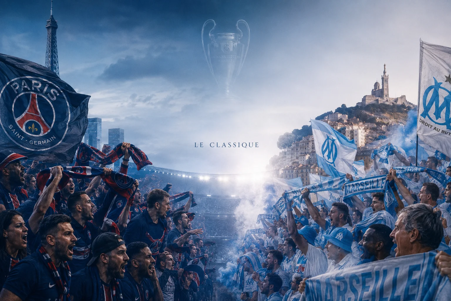 عمل فني مقسم دراماتيكي بعنوان "LE CLASSIQUE" يوضح التنافس بين باريس سان جيرمان وأولمبيك مرسيليا. تظهر في الجانب الأيسر مشجعو PSG المتحمسون وهم يحملون وشاحات فريق داكنة اللون ويرجحون علم الفريق الكبير أمام خط أفق برج إيفل. الجانب الأيمن يظهر مشجعو مرسيليا وهم يرتدون اللون الأزرق الفاتح والأبيض ويرفعون الأعلام تحت باسيليكا نوتردام دو لا غارد، مع وجود صورة متوهجة لكأس دوري أبطال أوروبا تتدلى في السماء بينهما.