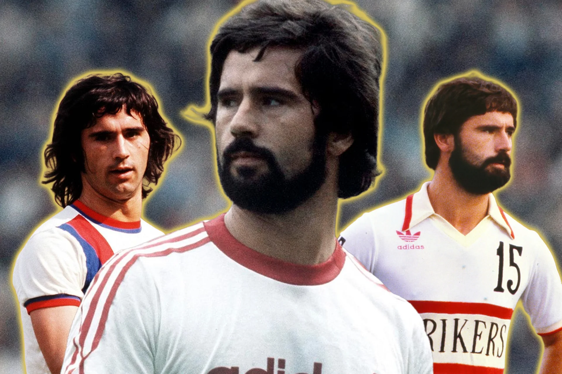 A career retrospective collage of German goalscorer Gerd Müller. The large central image captures a bearded Müller looking off into the distance while wearing a white shirt with red stripes on the shoulders. The background images show a younger, clean-shaven version of him on the left, and a version of him later in his career on the right wearing a white "STRIKERS" jersey emblazoned with the number 15.