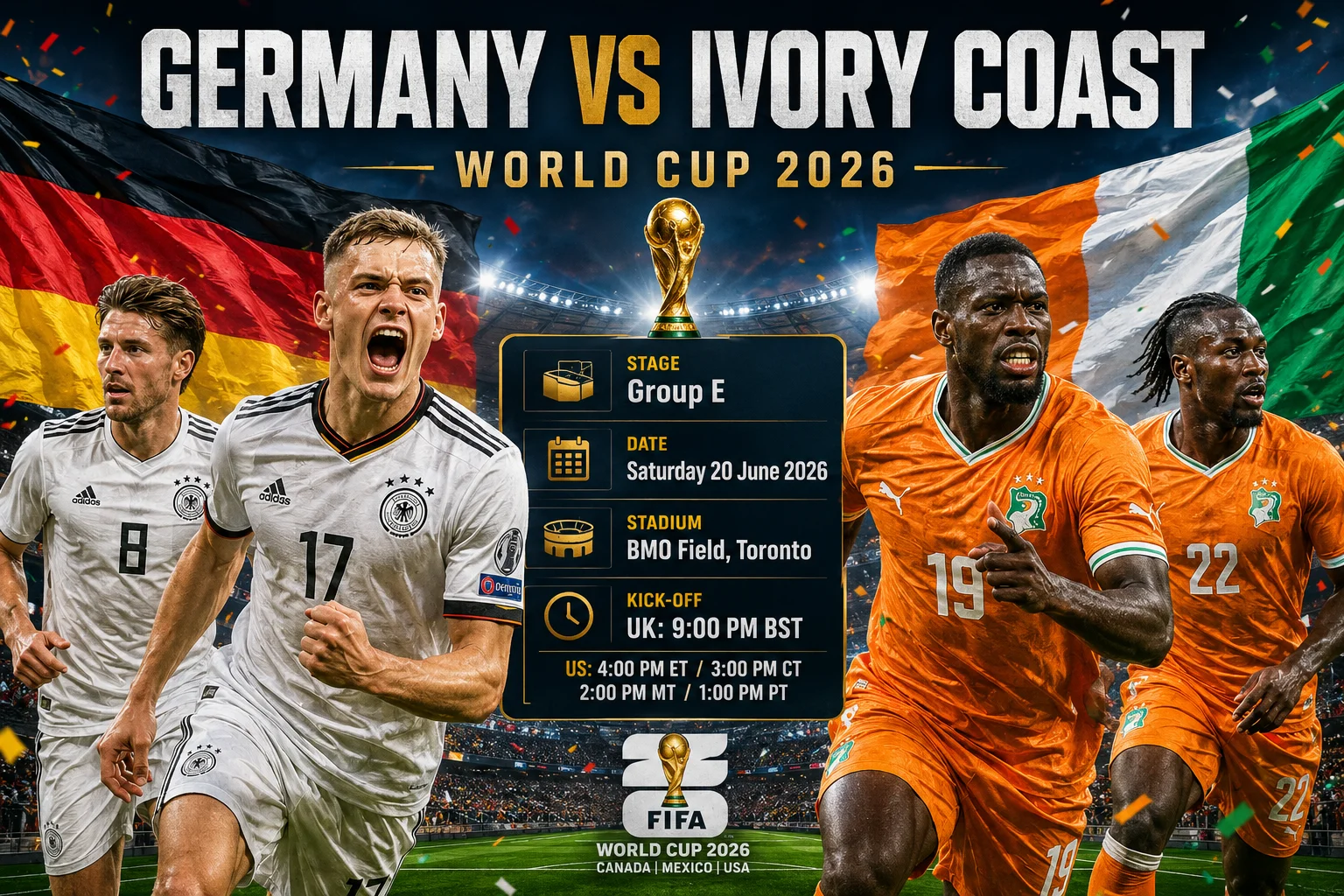 شاشة ترويجية للدورة لكأس العالم 2026 لمرحلة المجموعات تُظهر "ألمانيا ضد كوت ديفوار." على اليسار، لاعب ألماني يظهر في ملابس بيضاء وسوداء ضد خلفية رمادية محبوبة مع شعار الاتحاد الألماني لكرة القدم. على اليمين، لاعب إيفواري في ملابس برتقالية يقف ضد خلفية خضراء داكنة مع شعار الفيل. كأس العالم الذهبية موجودة في المركز فوق النص: "16 يونيو | فانكوفر، كندا."