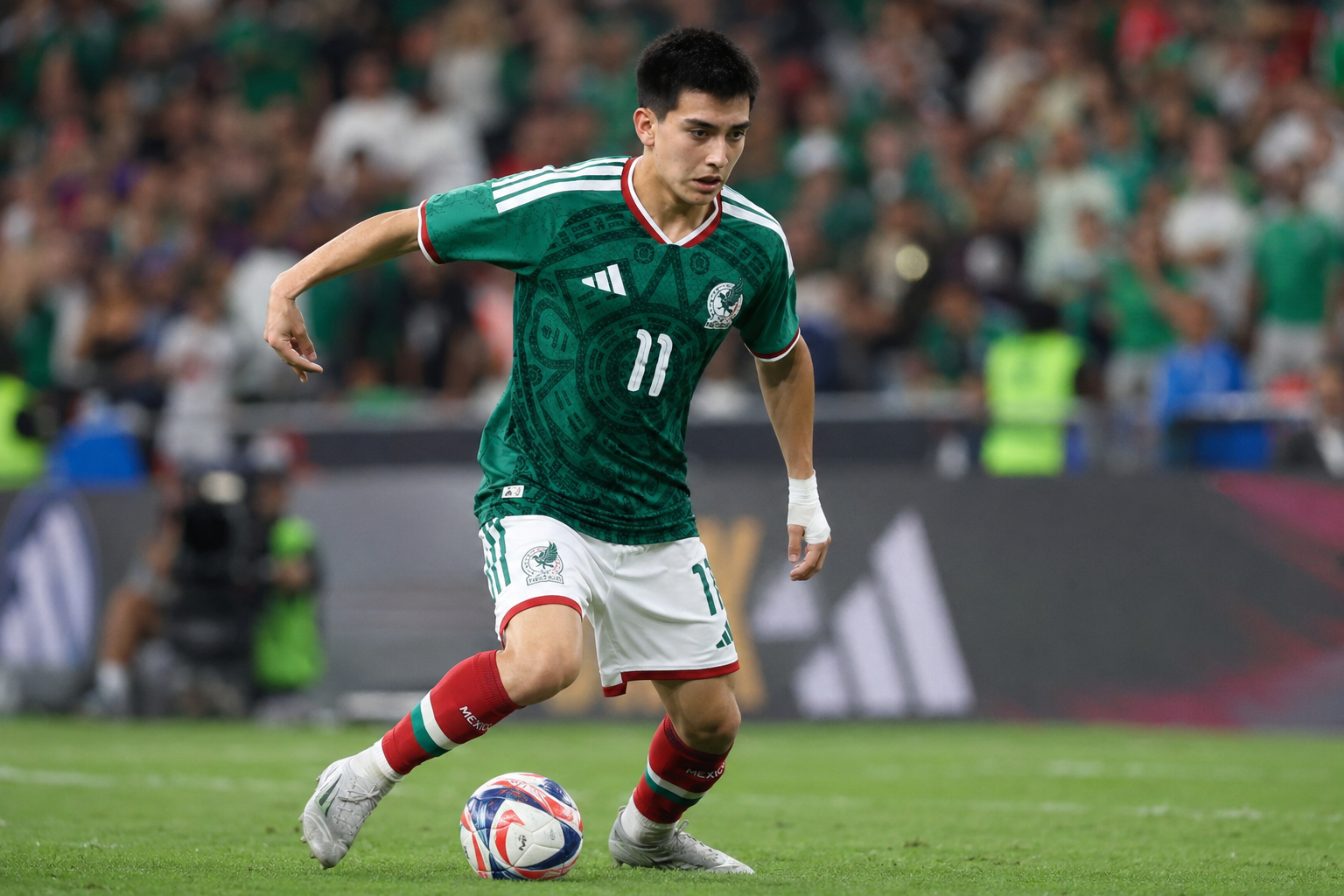 لقطة على الملعب للاعب الوسط المكسيكي غيلبرتو مورا. يظهر من الخصر إلى الأعلى، في منتصف الخطوة على الملعب الأخضر، ينظر للأمام بتركيز عميق. يرتدي القميص الأخضر التقليدي للمكسيك مع تفاصيل حمراء وشعار الاتحاد الوطني لكرة القدم المحدث. يتم طمس مقاعد الملعب المدرجة في الخلفية.