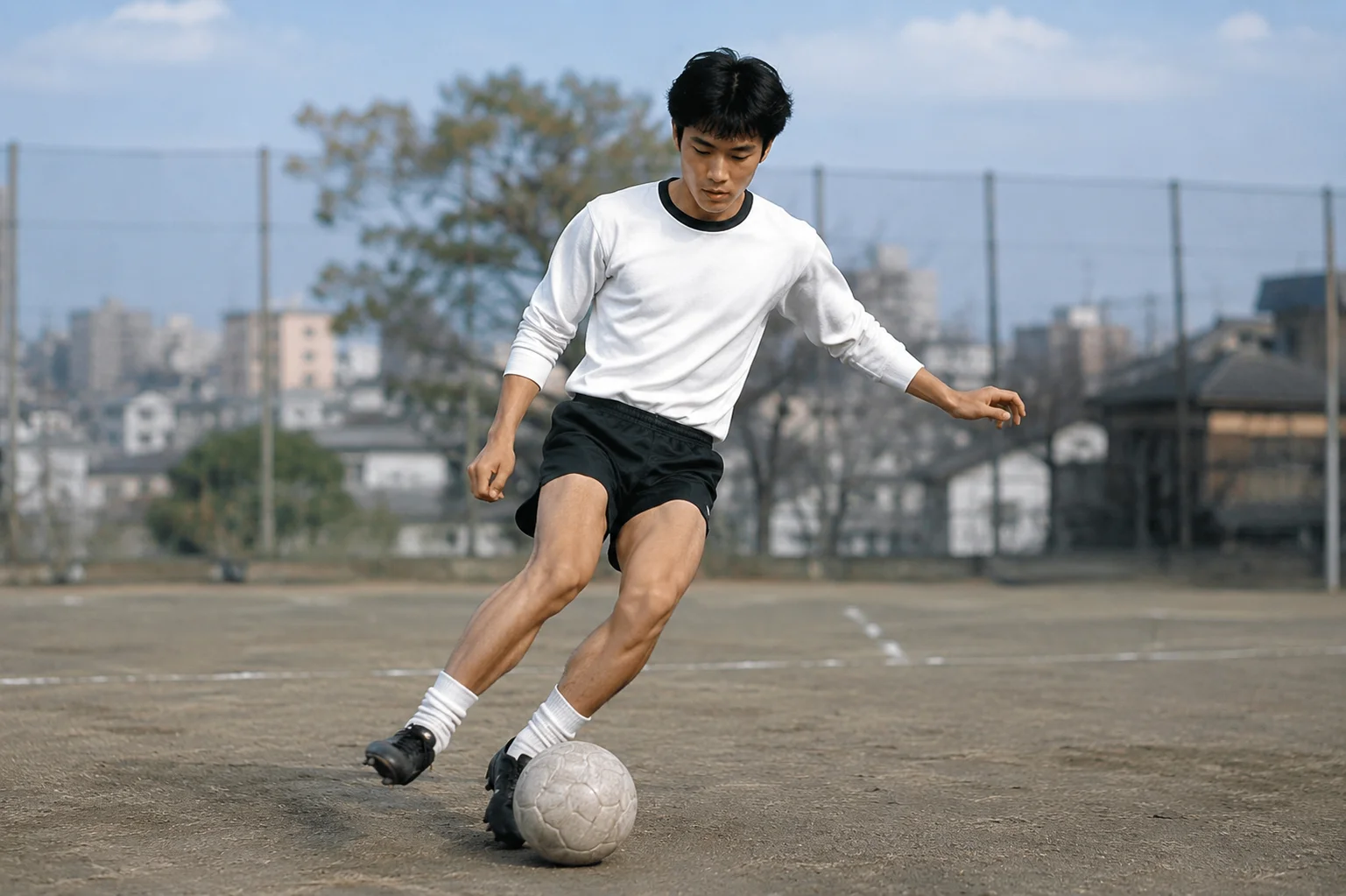A young East Asian man wearing a white long-sleeved shirt, black athletic shorts, and soccer cleats skillfully manipulates a soccer ball on a dusty, dry dirt field. Caught mid-motion, he balances on one leg with a focused expression, showcasing fluid agility and control as he moves the ball with his feet. In the background, a chain-link fence lines the perimeter of the field, with blurred buildings and trees of an urban neighborhood visible under a pale blue sky.