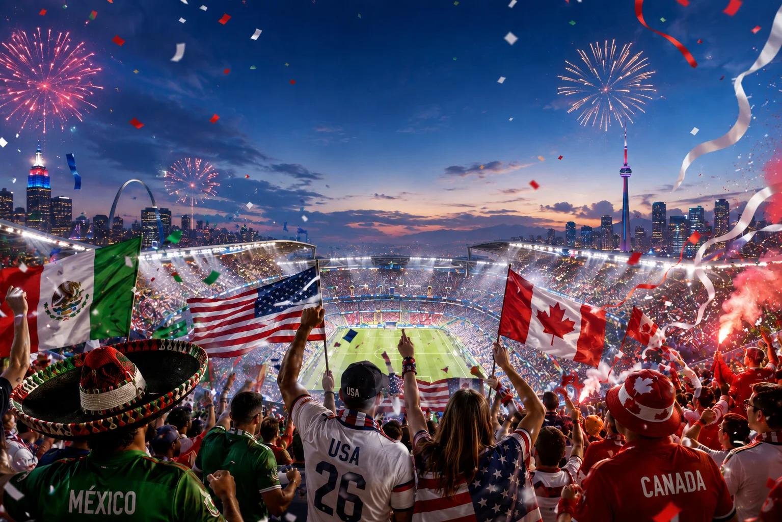 رسم بياني جريء ترويجي رياضي بعنوان "كأس العالم FIFA 2026: مباريات مرحلة المجموعات التي لا يمكن أن تفوتها!" النص مكتوب بخطوط نظيفة وعصرية ضد خلفية خضراء داكنة مع خطوط هندسية للملاعب. أدنى العنوان الرئيسي، تعرض الرسوم البيانية قائمة بالمباريات المنتظرة في البطولة، كل منها مزود بأيقونات علم وطنية، وأسماء الفرق، ومواعيد المباريات، ومدن استضافتها.