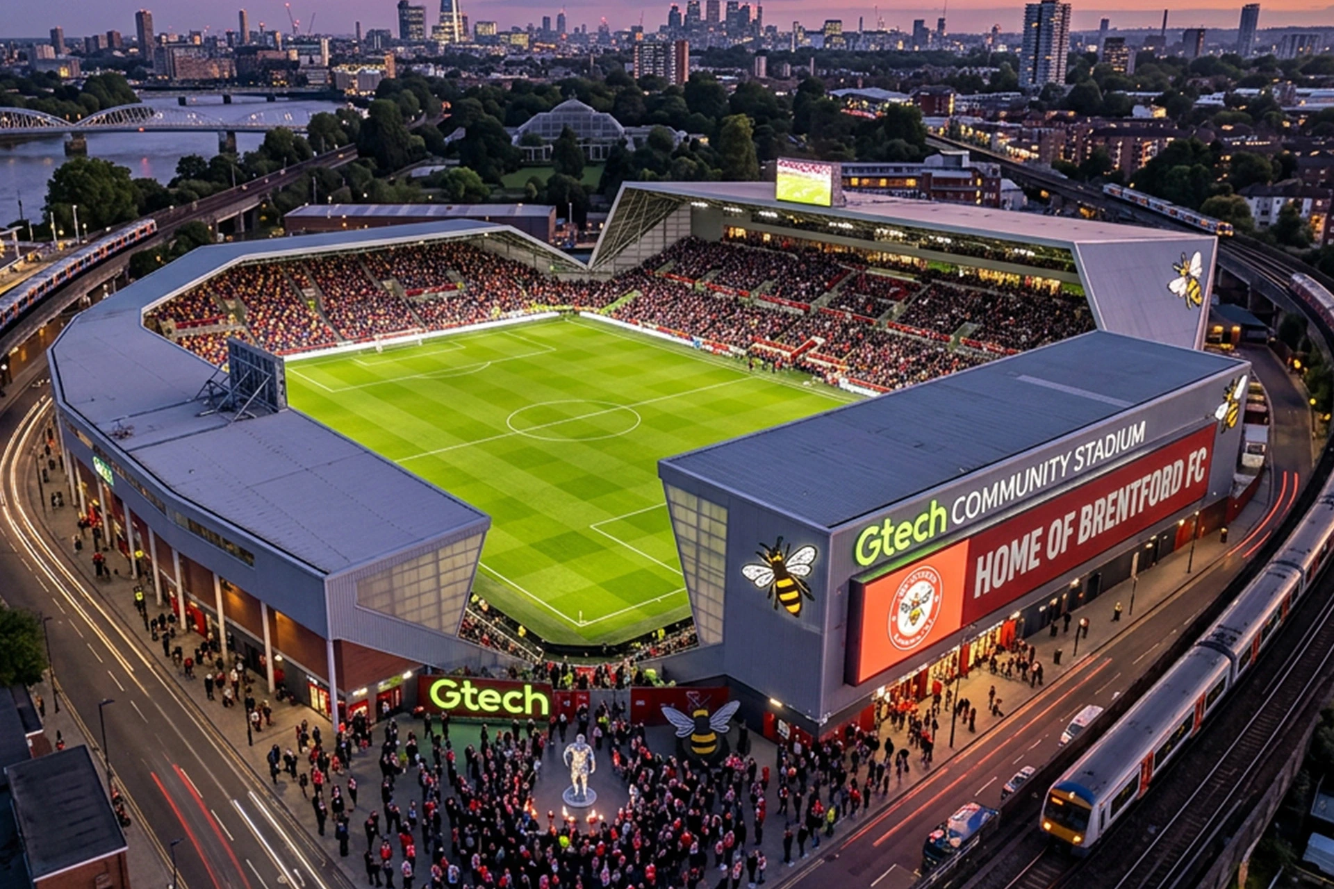 An aerial, high-angle photograph of the Gtech Community Stadium, the home of Brentford FC, at dusk. The modern, uniquely shaped stadium features a bright green football pitch illuminated by floodlights. The stands are packed with fans wearing red and white. The main exterior facade prominently displays the text "Gtech COMMUNITY STADIUM" and "HOME OF BRENTFORD FC" alongside a large image of the club's bee mascot. Crowds of fans gather outside the entrance, while a passenger train moves along tracks passing directly alongside the right side of the stadium structure. The London skyline is visible in the hazy background under a twilight sky.