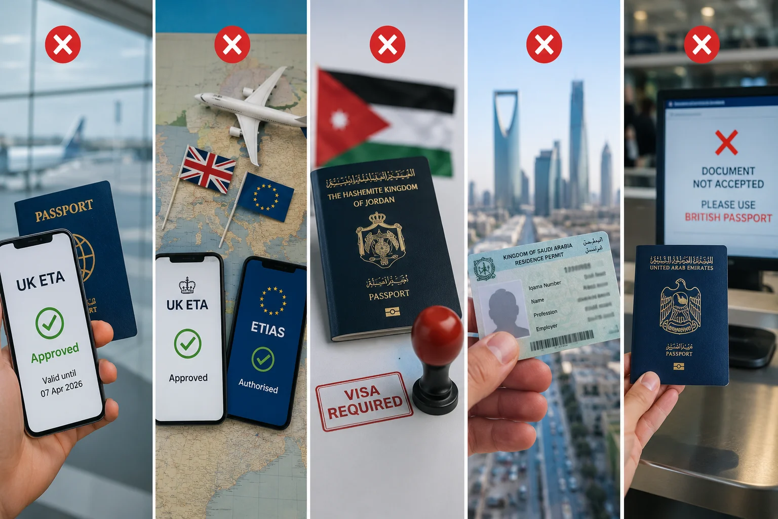 Infographic showing common UK travel permit errors, including invalid residency cards, non-approved passports, and expired documents.