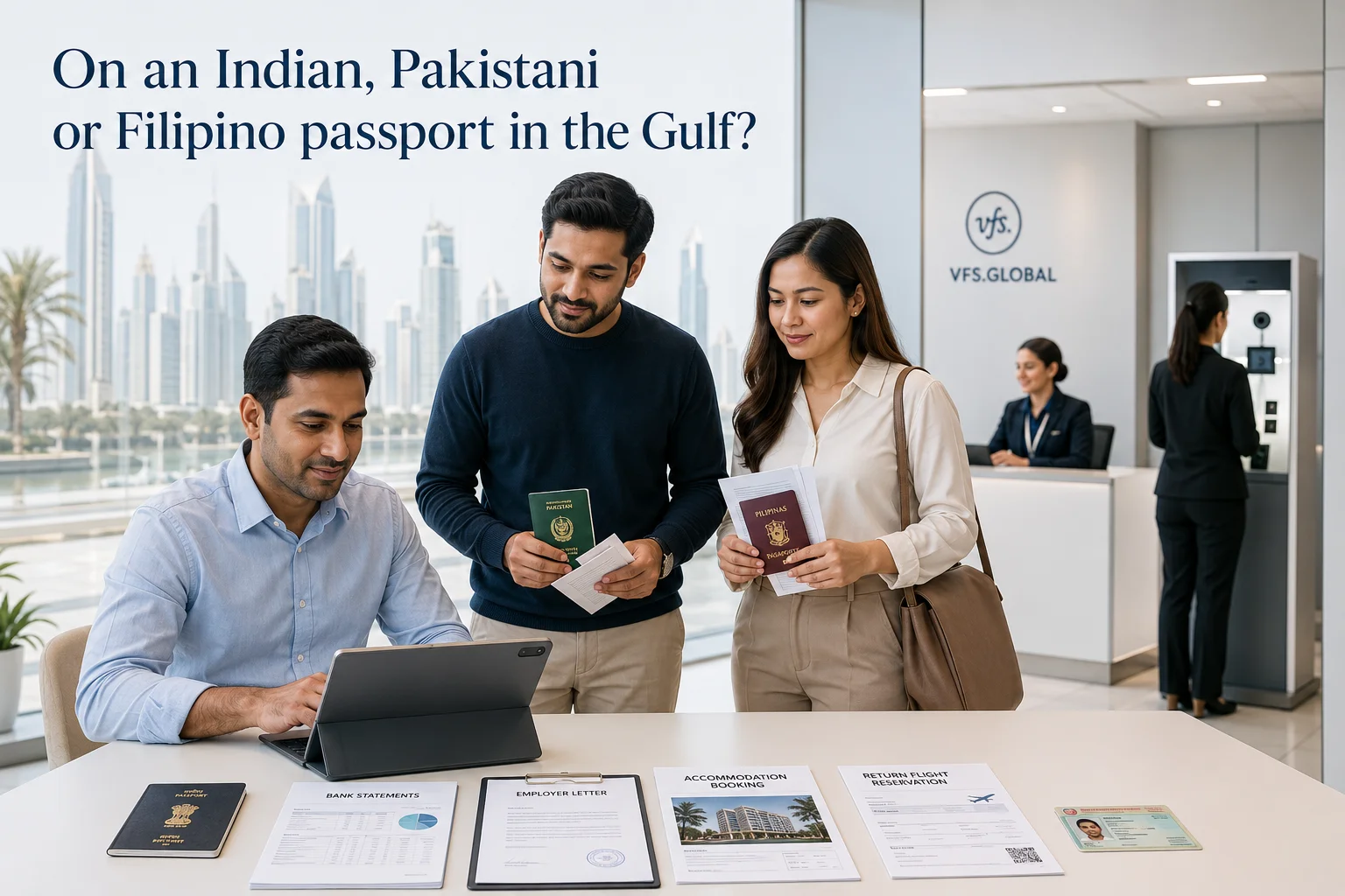 Indian, Pakistani, and Filipino expats preparing visa application documents inside a VFS Global center in the Gulf.
