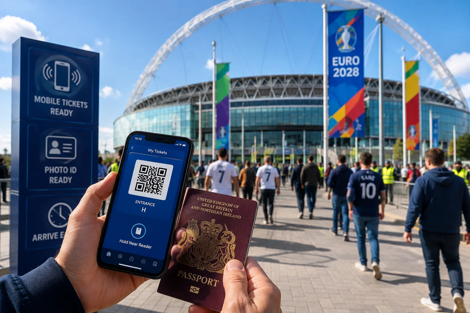 Person holding a mobile ticket QR code and British passport outside Wembley Stadium during Euro 2028.