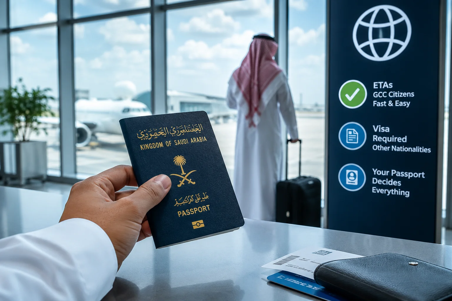 Hand holding a Saudi Arabian passport at an airport terminal desk next to UK ETA travel requirements signage.