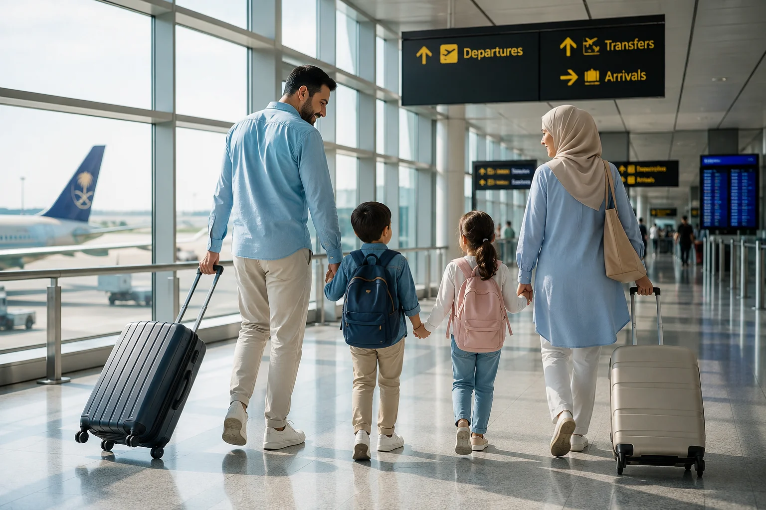 Arab family with suitcases walking through a modern airport terminal toward departure gates.