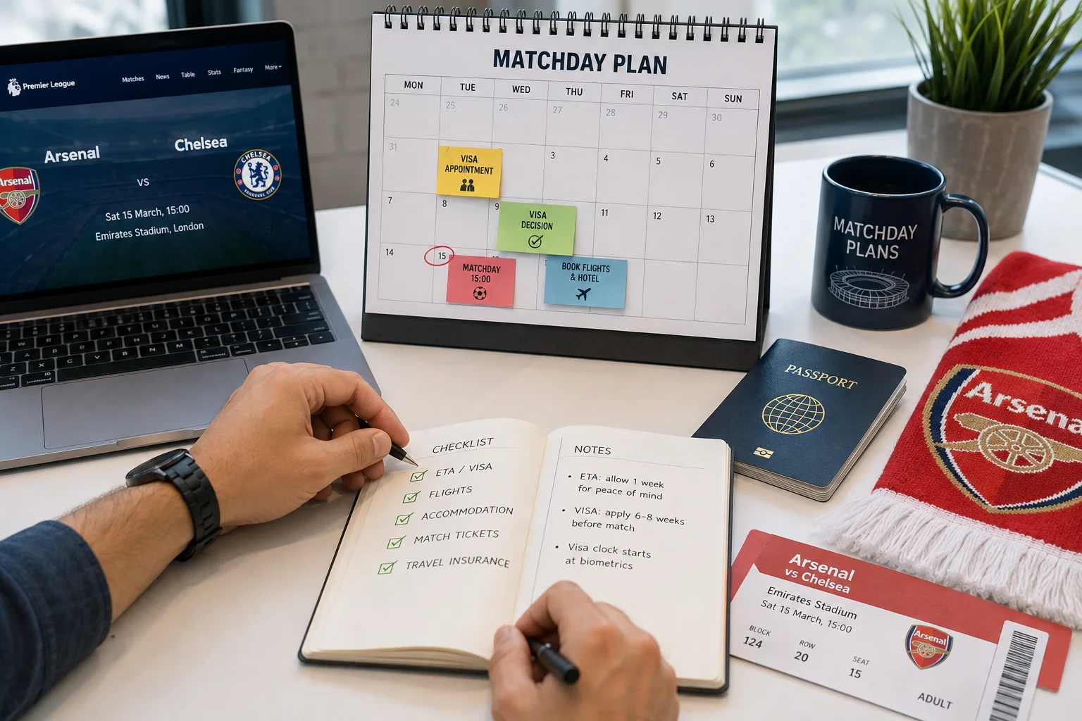 Desk workspace with a calendar matchday plan, Arsenal scarf, passport, tickets, and trip planning checklist.
