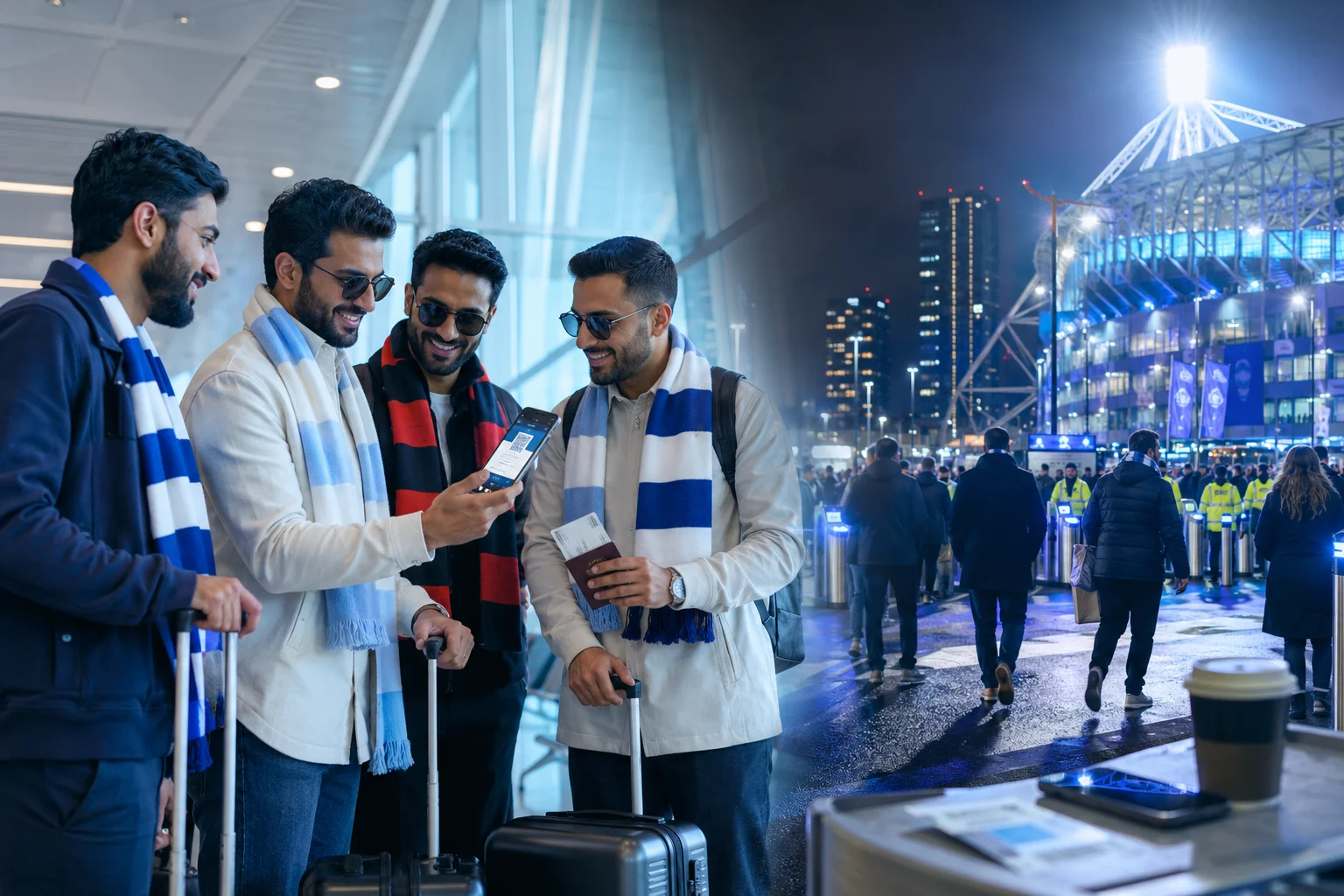 Split photo showing Gulf football fans with scarves checking mobile tickets at an airport and outside Etihad Stadium at night.