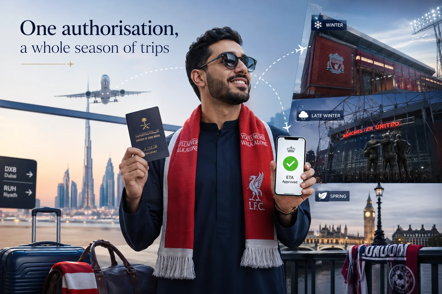 Male football fan holding a Saudi passport and phone with an approved UK ETA next to stadium and travel graphics.