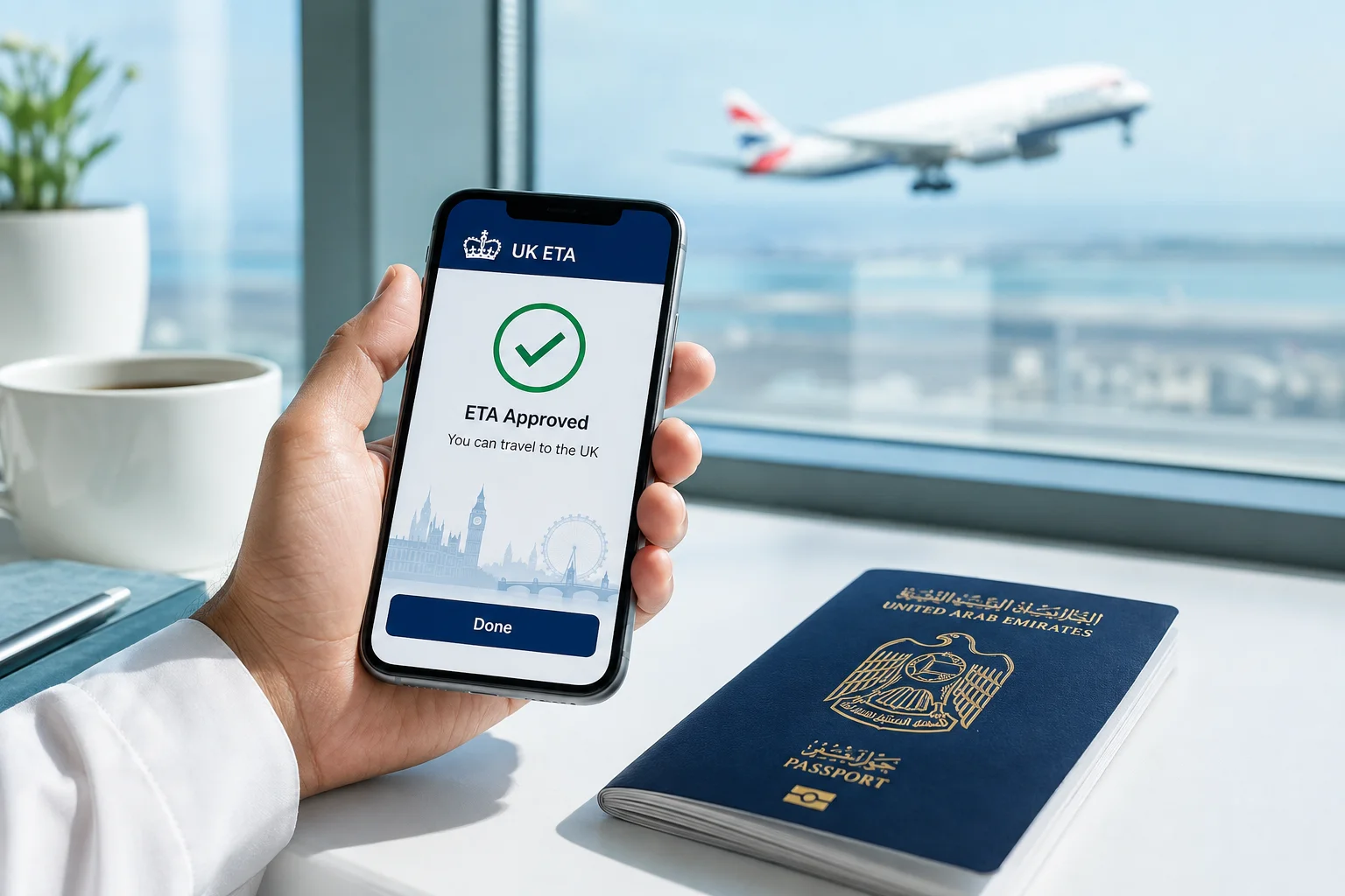 Traveler holding a smartphone displaying an approved UK ETA authorization screen next to a UAE passport and airport window.