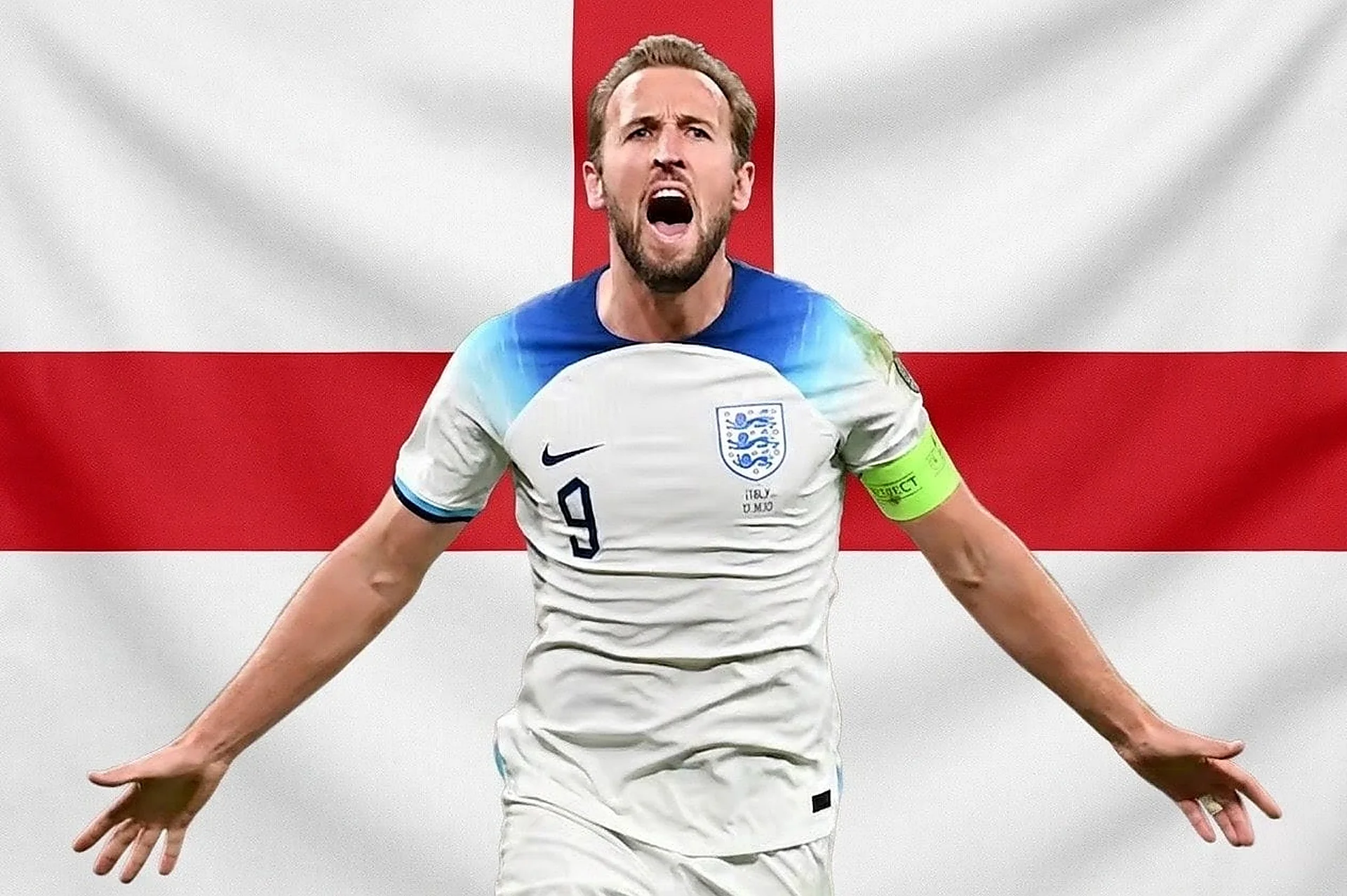 Features England striker Harry Kane celebrating passionately in front of the St. George's Cross flag.