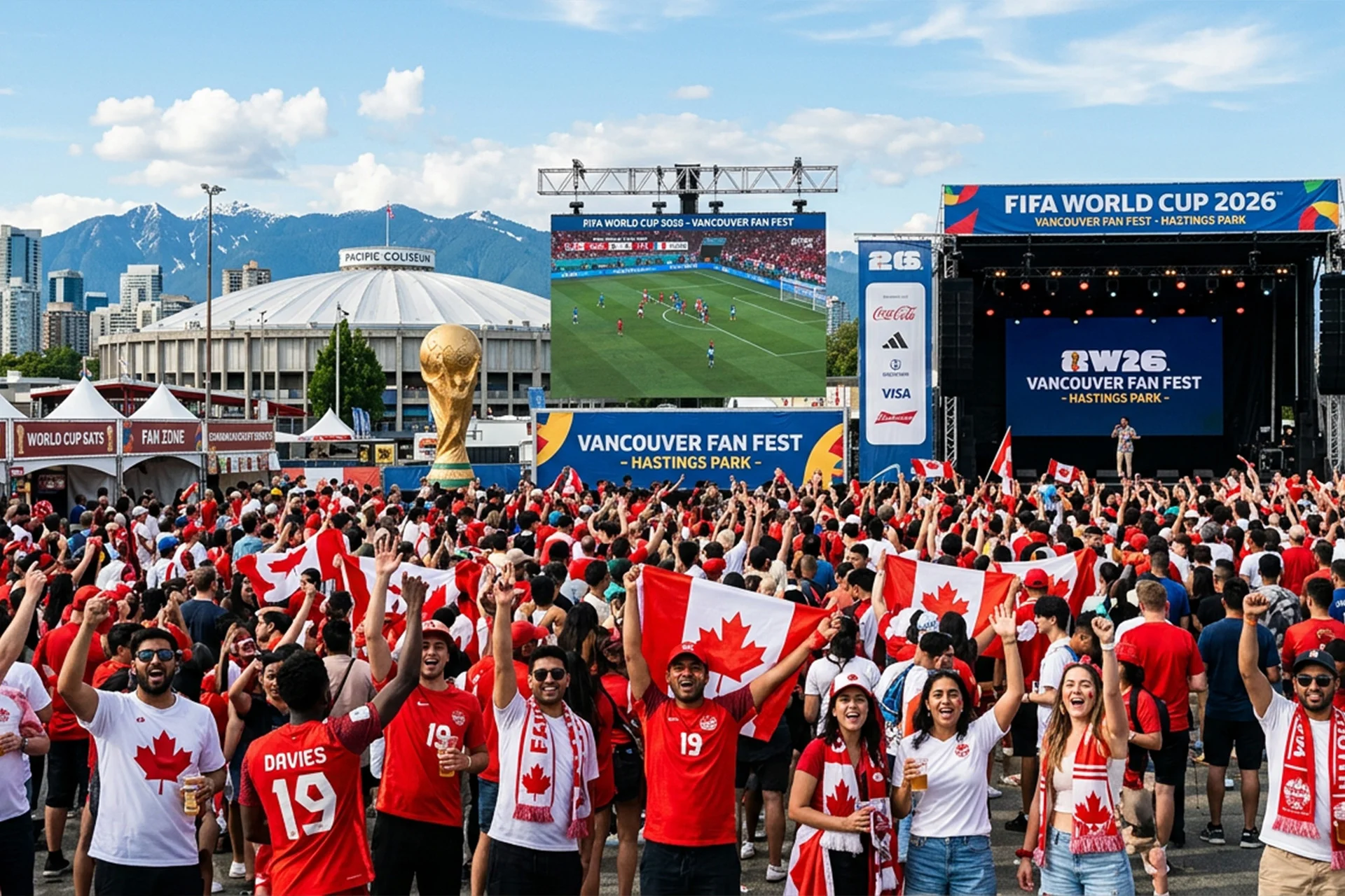 مهرجان الجماهير في فانكوفر في هاستينغز بارك مع جماهير كندا وهي تتابع مباريات كأس العالم 2026 على شاشات عملاقة.