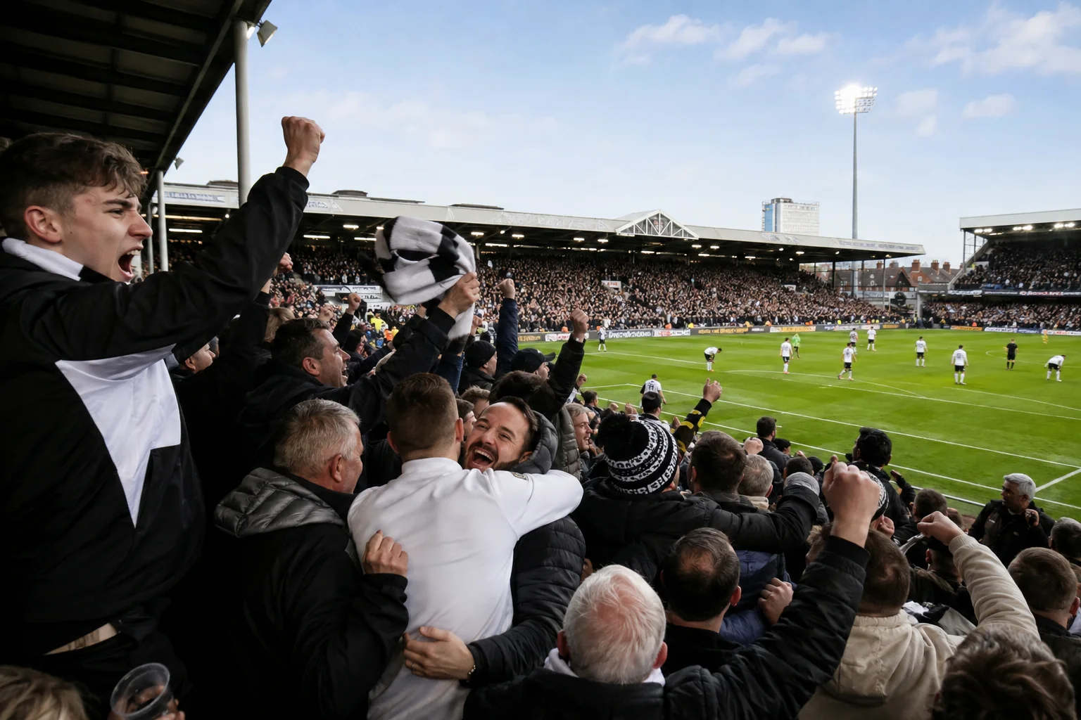 Excited Fulham FC fans cheering, waving black-and-white scarves, and celebrating in the stands during a live match.