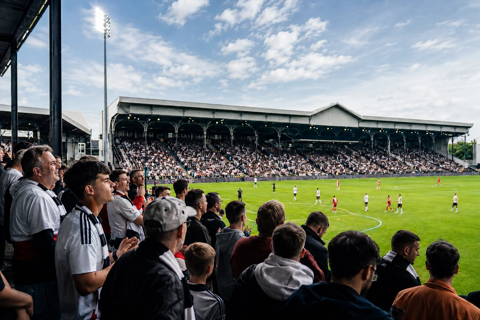 Supporters standing in the grandstand at Craven Cottage, watching Fulham FC play a football match on a sunny day.