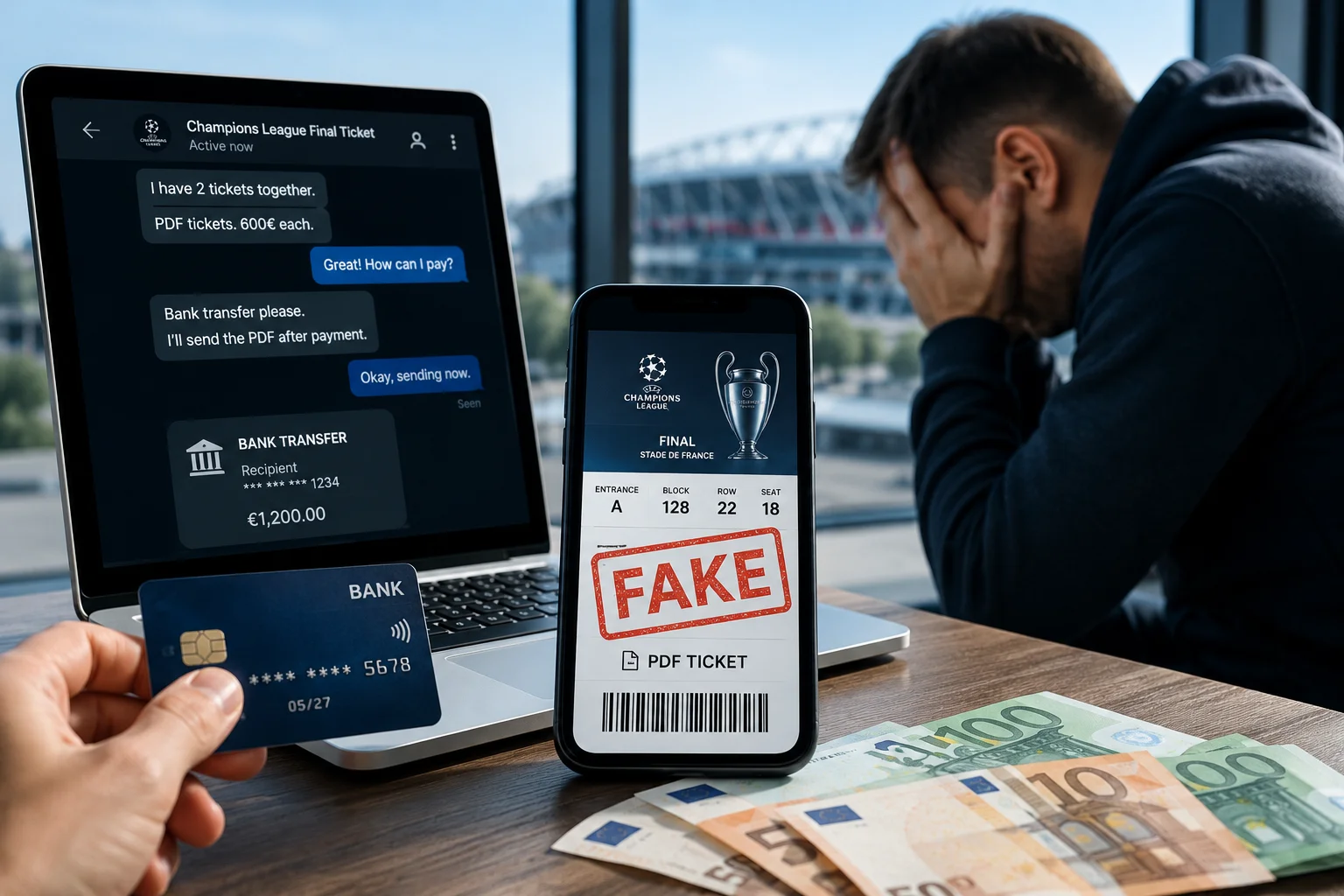 مشجع محبط بجانب مكتب يحمل جهاز كمبيوتر محمول يعرض دردشة احتيال عبر الإنترنت وتذكرة مزيفة على هاتف ذكي.