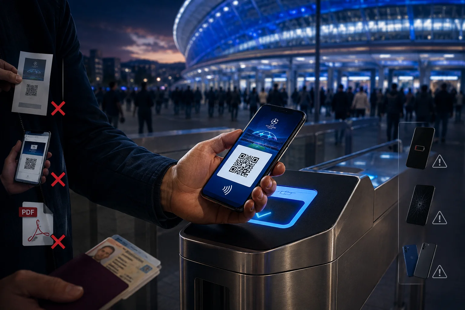 صورة مقربة لهاتف ذكي يمسح تذكرة QR رقمية عند بوابة الملعب بجانب أيقونات تذاكر ورقية وPDF غير صالحة.