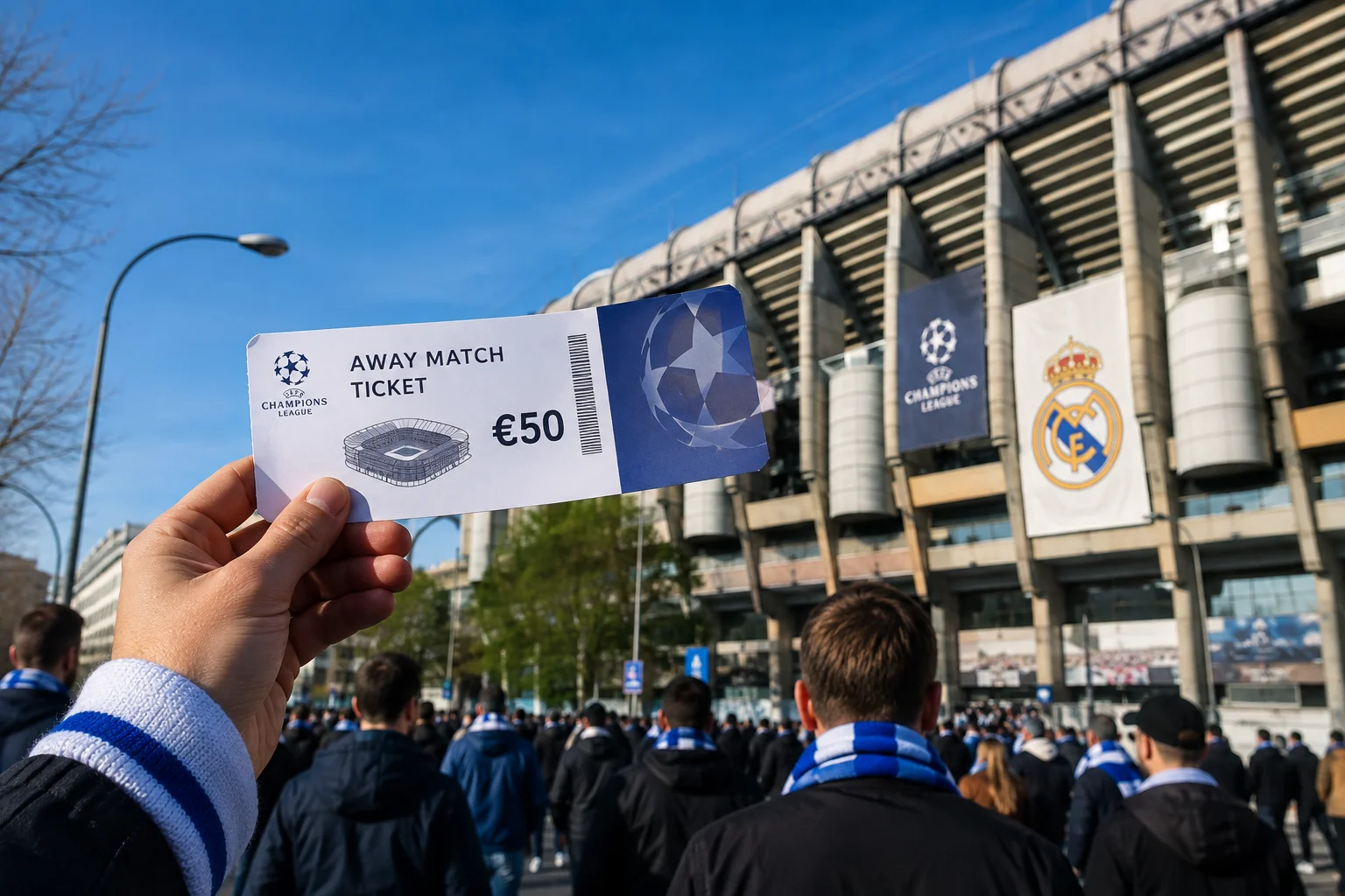 يد تحمل تذكرة مباراة بعيدة لدوري أبطال أوروبا بقيمة 50 يورو خارج ملعب سانتياغو برنابيو.