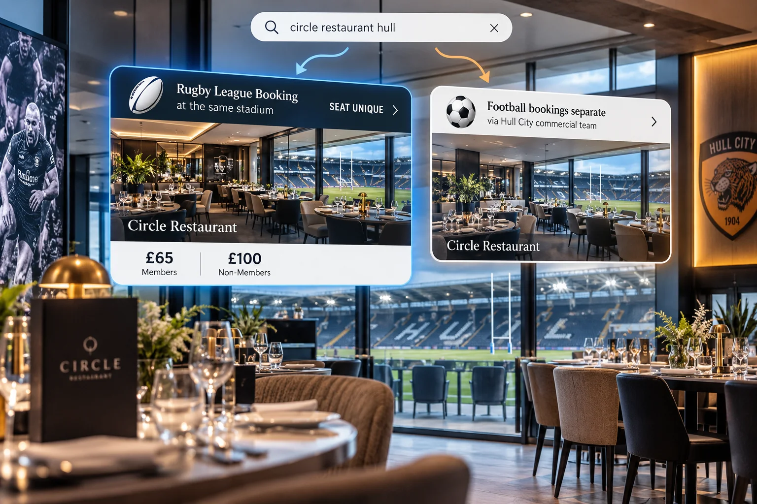 An infographic overlaying a luxury stadium restaurant view showing a search for "circle restaurant hull". Two highlighted options compare Rugby League booking via Seat Unique (£65 Members / £100 Non-Members) and Football bookings separate via the Hull City commercial team.