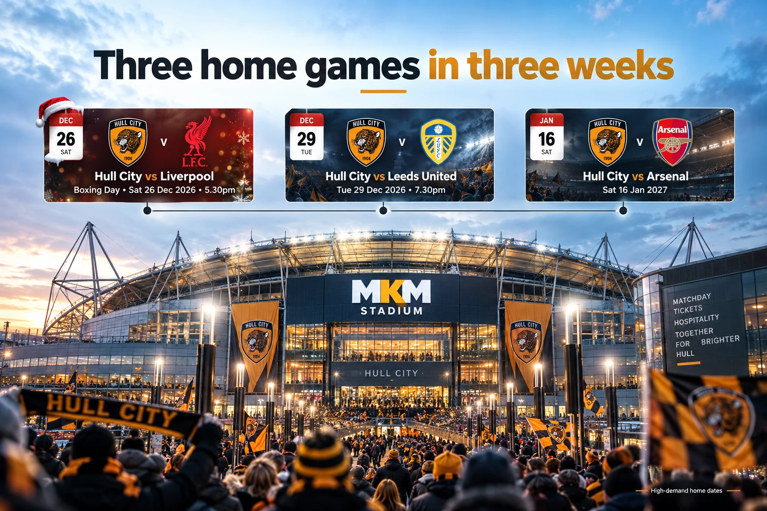 A wide exterior view of MKM Stadium illuminated at dusk with a crowd of fans in Hull City scarves. A top header reads "Three home games in three weeks" with cards listing fixtures against Liverpool (Dec 26, 2026), Leeds United (Dec 29, 2026), and Arsenal (Jan 16, 2027).