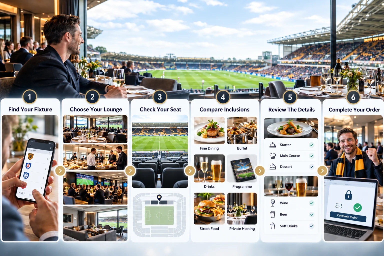 A 6-step visual guide for booking Hull City hospitality packages displayed over a restaurant view of the stadium: 1. Find Your Fixture, 2. Choose Your Lounge, 3. Check Your Seat, 4. Compare Inclusions (Dining, Drinks, Programme, Private Hosting), 5. Review The Details, and 6. Complete Your Order.