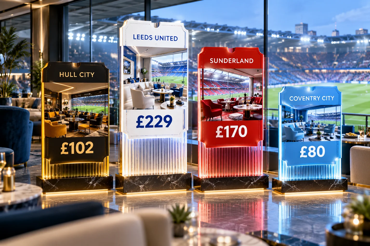 Four illuminated ticket-shaped displays arranged inside a stadium hospitality suite showing relative pricing across different football clubs: Hull City (£102), Leeds United (£229), Sunderland (£170), and Coventry City (£80).