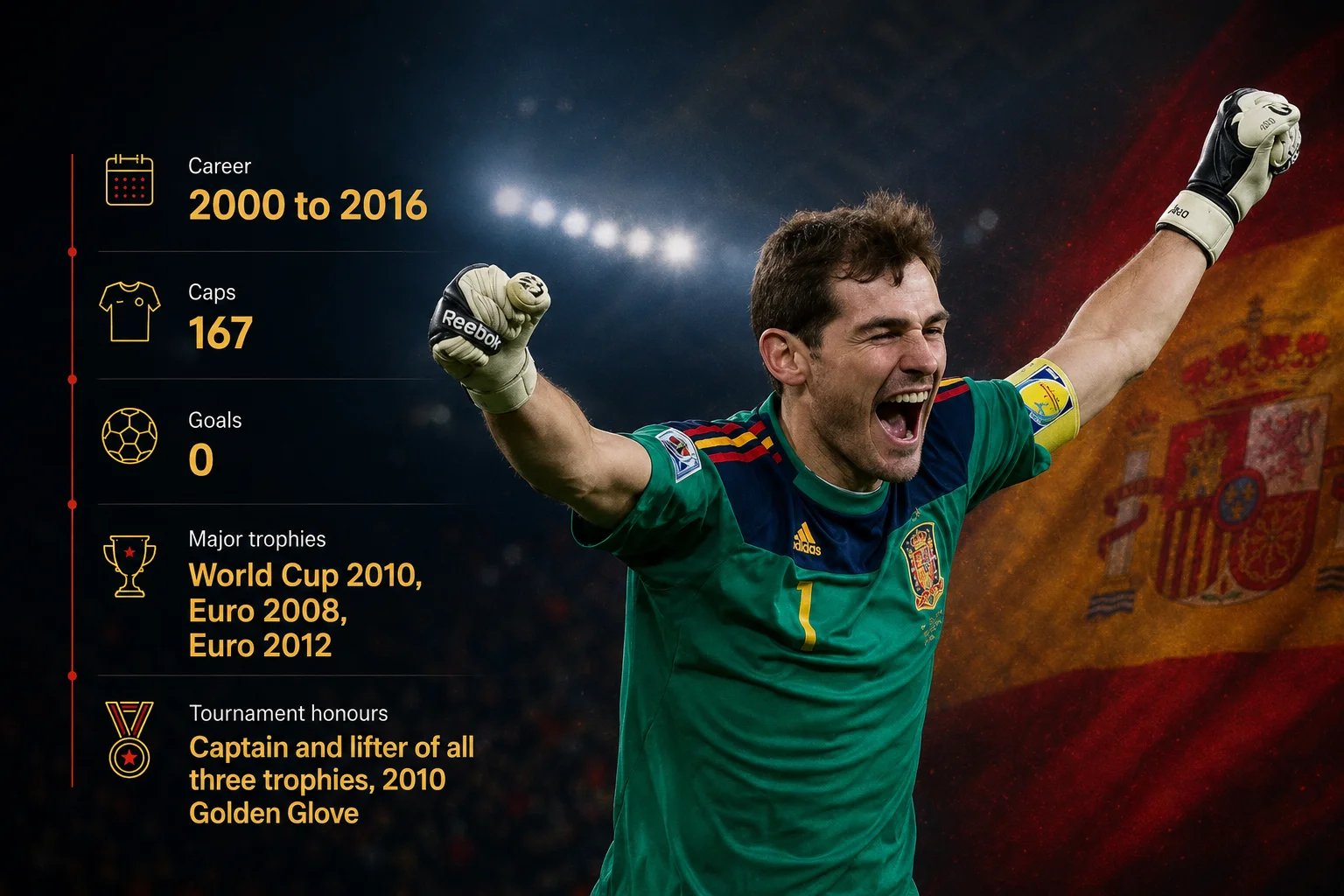 A sports graphic card titled "Iker Casillas" honors the legendary Spanish goalkeeper and captain, pictured looking commanding on the line in a blue goalkeeper kit. The backdrop features a crimson and dark blue color scheme highlighted by gold borders. The text at the bottom outlines his extraordinary international metrics: "167 Caps" cementing him as one of the most capped players in national history, "102 Clean Sheets" representing his defensive record, and "1x World Cup / 2x Euro" celebrating his trophies as captain.