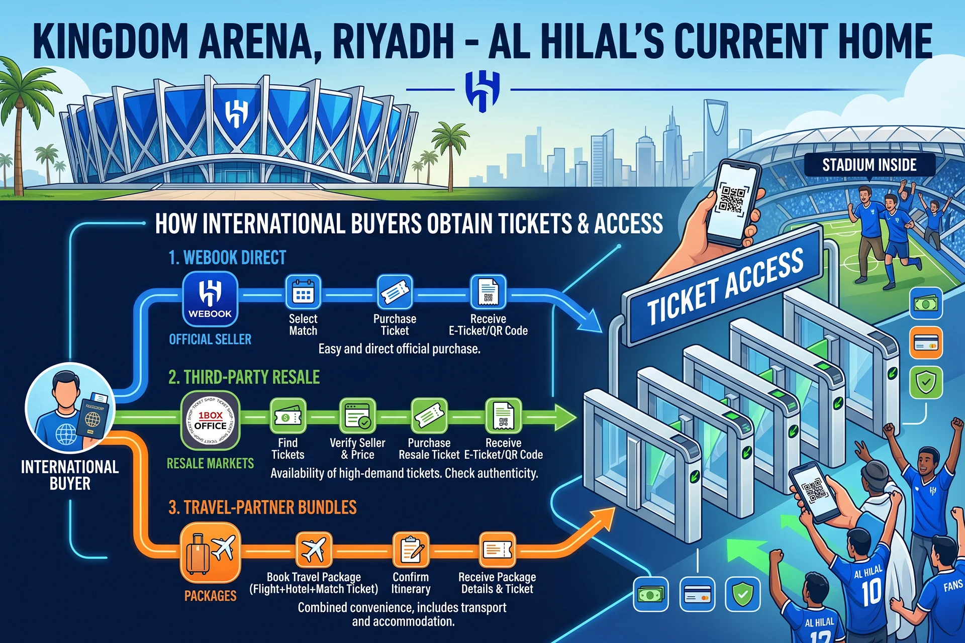 إنفوجرافيك يظهر طرق الوصول إلى التذاكر لشراء الهلال الدوليين الذين يزورون ملعب الملكدو في الرياض.