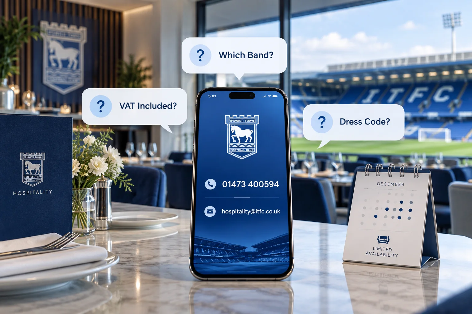 هاتف ذكي يعرض شعار الضيافة لنادي إبسويتش تاون وتفاصيل الاتصال (01473 400594، hospitality@itfc.co.uk) موضوع على طاولة طعام مع فقاعات حوار تسأل عن الأسئلة الشائعة: "أي فئة؟"، "هل ضريبة القيمة المضافة مشمولة؟"، و "رمز الملابس؟". بجانب الهاتف يوجد تقويم مكتبي مكتوب عليه "ديسمبر - توافر محدود" مع ملعب بورتمن مرئي من خلال النافذة.