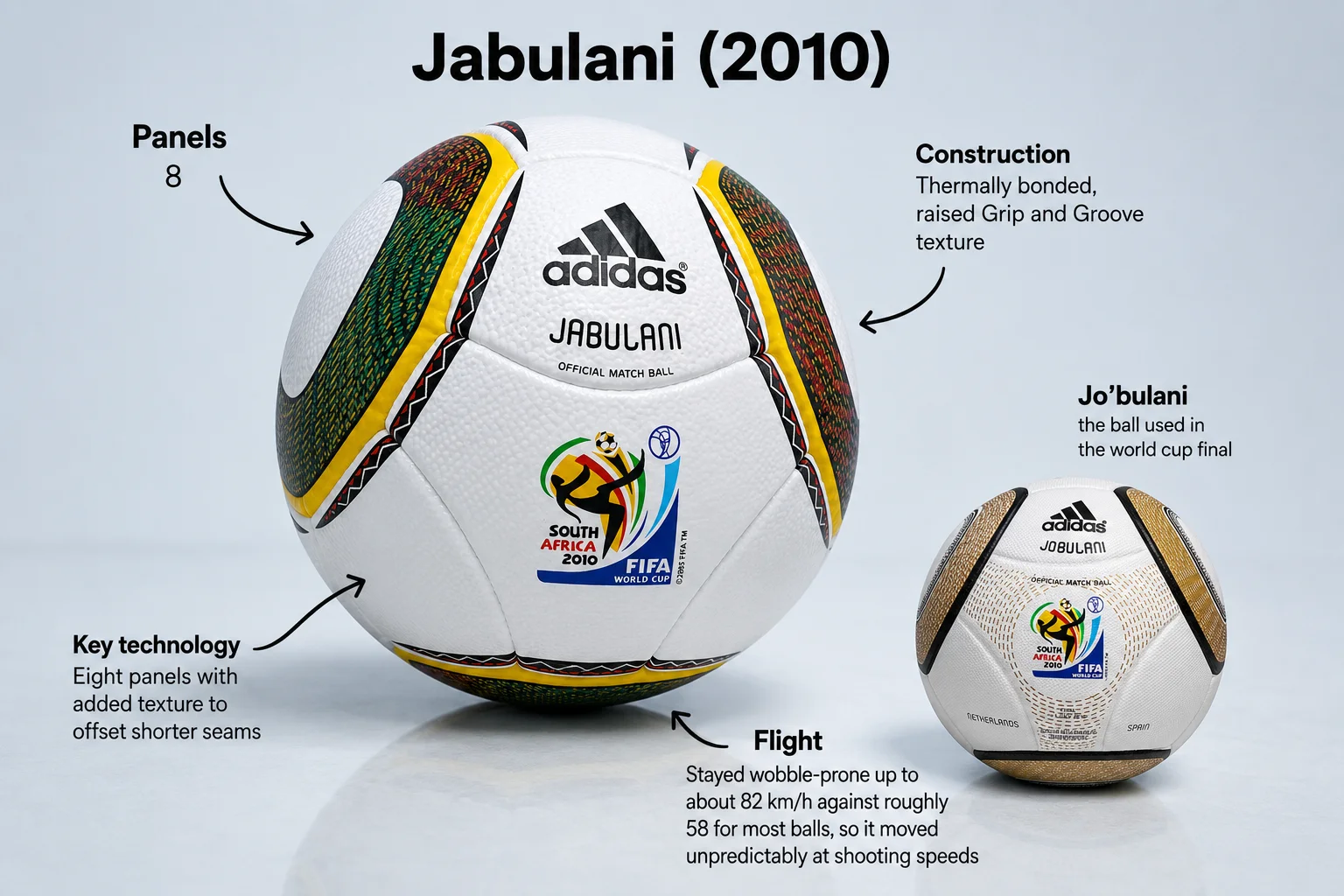 مخطط معلوماتي بعنوان "جبولاني (2010)" يعرض الكرة المستخدمة في كأس العالم في جنوب أفريقيا. الكرة البيضاء تحتوي على أنماط مثلثية مع حدود سوداء مملوءة بزخارف مستوحاة من قبائل الألوان الصفراء والخضراء والحمراء. بجانبها نسخة أصغر ذهبية وبيضاء تسمى "جو بلاني"، والتي استخدمت في المباراة النهائية للبطولة. تحدد التسميات التقنية: الألواح (8 ألواح)، التصميم (ملتحم حراريًا مع نسيج مرتفع ومخمس)، التكنولوجيا الرئيسية (ثماني ألواح مع نسيج مضاف لتعويض اللحامات الأقصر)، والرحلة (بقيت تميل إلى التذبذب حتى حوالي 82 كم/س مقابل حوالي 58 كم/س لمعظم الكرات، تتحرك بشكل غير متوقع عند سرعات التسديد).