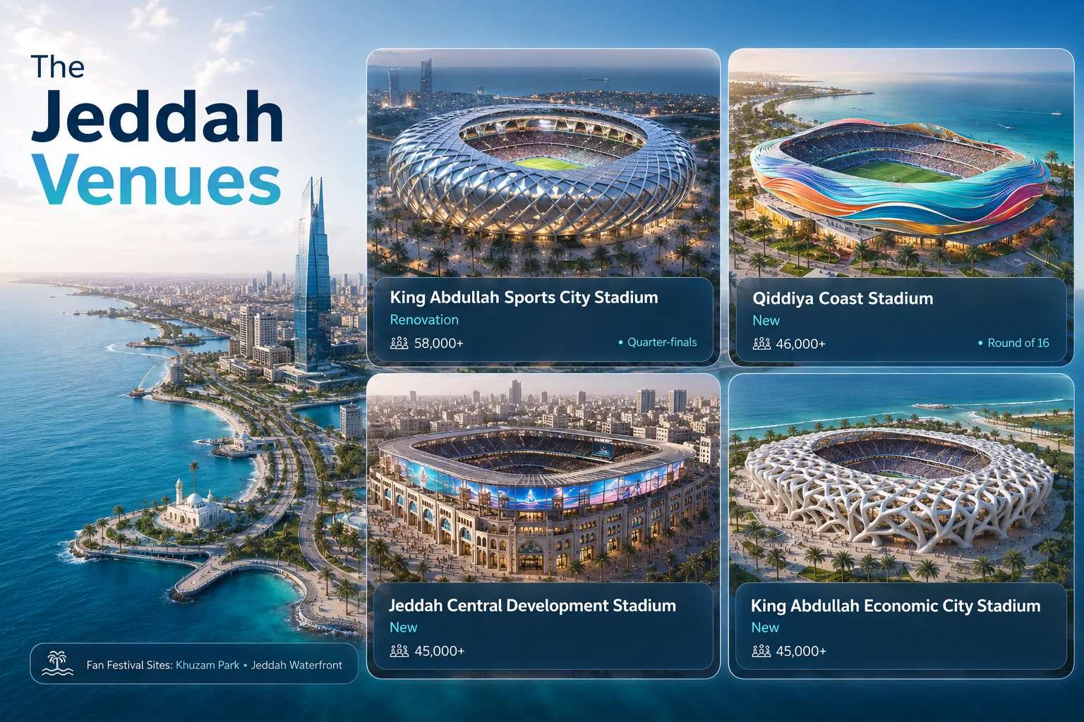 تُعرض تصميمات أربعة ملاعب مُخصصة لجدة ضد خلفية ساحلية بها ناطحة سحاب حديثة بارزة. تظهر اللوحة العلوية اليسرى ملعب مدينة الملك عبد الله الرياضية، وهو هيكل معقد هندسيًا مُحدد بتجديد سعة 58,000+. في أعلى اليمين يظهر ملعب قائديمو ذو التصميم الملون الموجي، وهو بناء جديد بسعة 46,000+. في الأسفل اليسار يظهر ملعب جدة المركزي للتطوير، الذي يتميز بأسوار تقليدية بسعة تزيد على 45,000. وفي الأسفل الأيمن يظهر ملعب مدينة الملك عبد الله الاقتصادية، الذي يتميز بتصميم يشبه الشعاب المرجانية بسعة تزيد عن 45,000.
