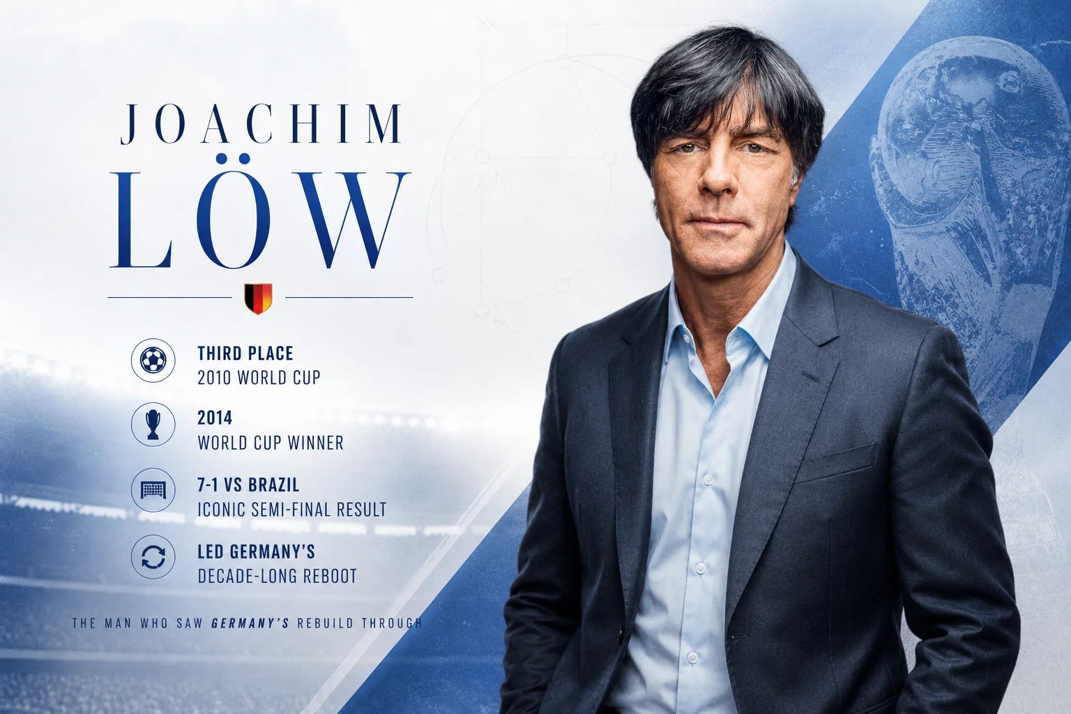 A modern manager profile graphic focuses on Germany's Joachim Löw. On the right, a close-up portrait captures Löw staring forward, clad in a dark charcoal suit blazer and an open-collared light blue dress shirt. The informational block on the left tracks his milestones with Germany, starting with a third-place finish at the 2010 World Cup and culminating as the 2014 World Cup winner. It highlights the iconic 7-1 semi-final result against Brazil and praises him for leading Germany's decade-long rebuild.