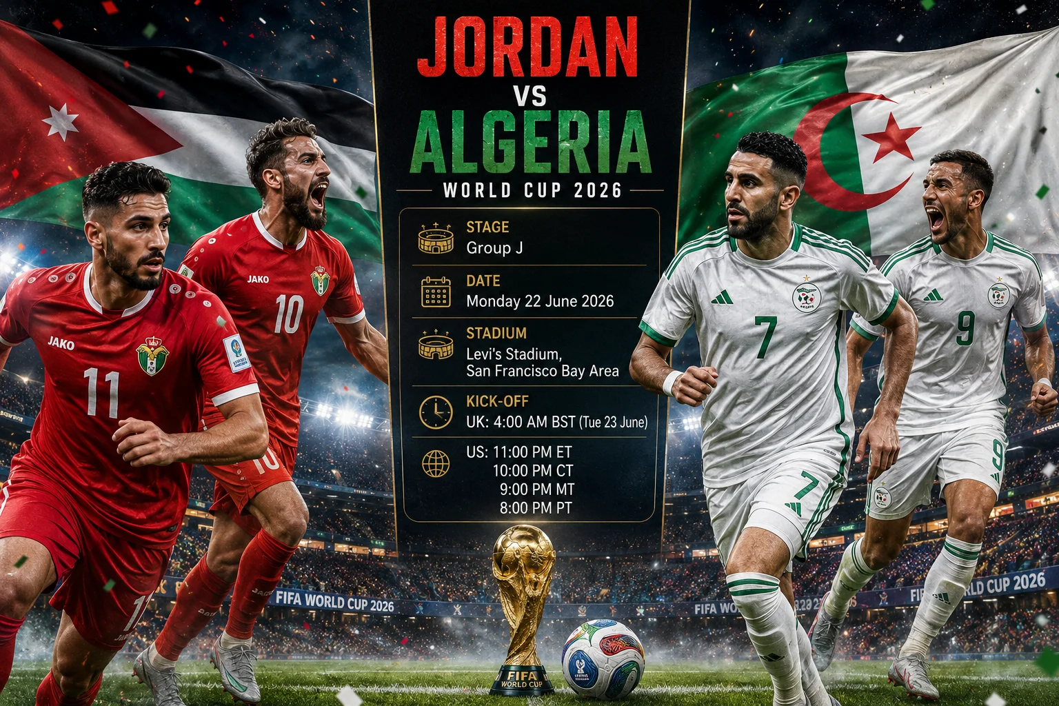 لافتة ترويجية للدورة لكأس العالم 2026 لمرحلة المجموعات تُظهر "الأردن ضد الجزائر." الجانب الأيسر يظهر لاعبًا أردنيًا في ملابس بيضاء ضد خلفية حمراء تحتوي على نمط مع شعار الاتحاد الأردني لكرة القدم. الجانب الأيمن يظهر لاعبًا جزائريًا في ملابس خضراء ضد خلفية خضراء داكنة مع شعار الاتحاد الجزائري لكرة القدم. كأس العالم الذهبية تفصل بين القسمين أعلاه تفاصيل المباراة: "24 يونيو | ميامي، فلوريدا."