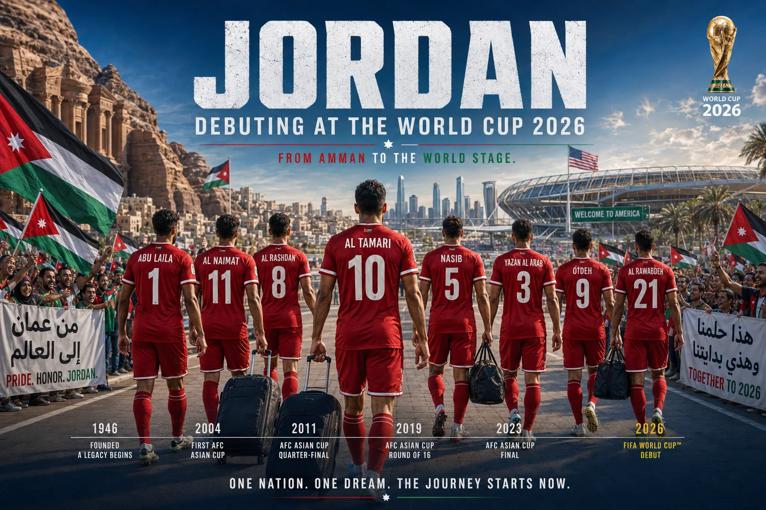 رسمة ترويجية تحتفل بظهور الأردن في كأس العالم FIFA 2026. النص الأبيض الكبير في الأعلى يقرأ "الأردن يظهر في كأس العالم 2026" مع العنوان الفرعي "من عمان إلى المسرح العالمي." يسير ثمانية لاعبين يرتدون قمصان حمراء من العمارة القديمة المنحوتة في الصخور في البتراء نحو أفق استاد رياضي أمريكي حديث يحمل عبارة "مرحبا بكم في أمريكا." تظهر اللاعبين من الخلف حاملين حقائب سفر، ويرتدون قمصان تحمل: أبو ليلى (1)، النعيمات (11)، الرشدان (8)، التماري (10)، نصيب (5)، يزن العرب (3)، أ Duterte (9)، والروابدة (21). الجمهور يلوح بأعلام أردنية ويHolding banners in Arabic and English reading 