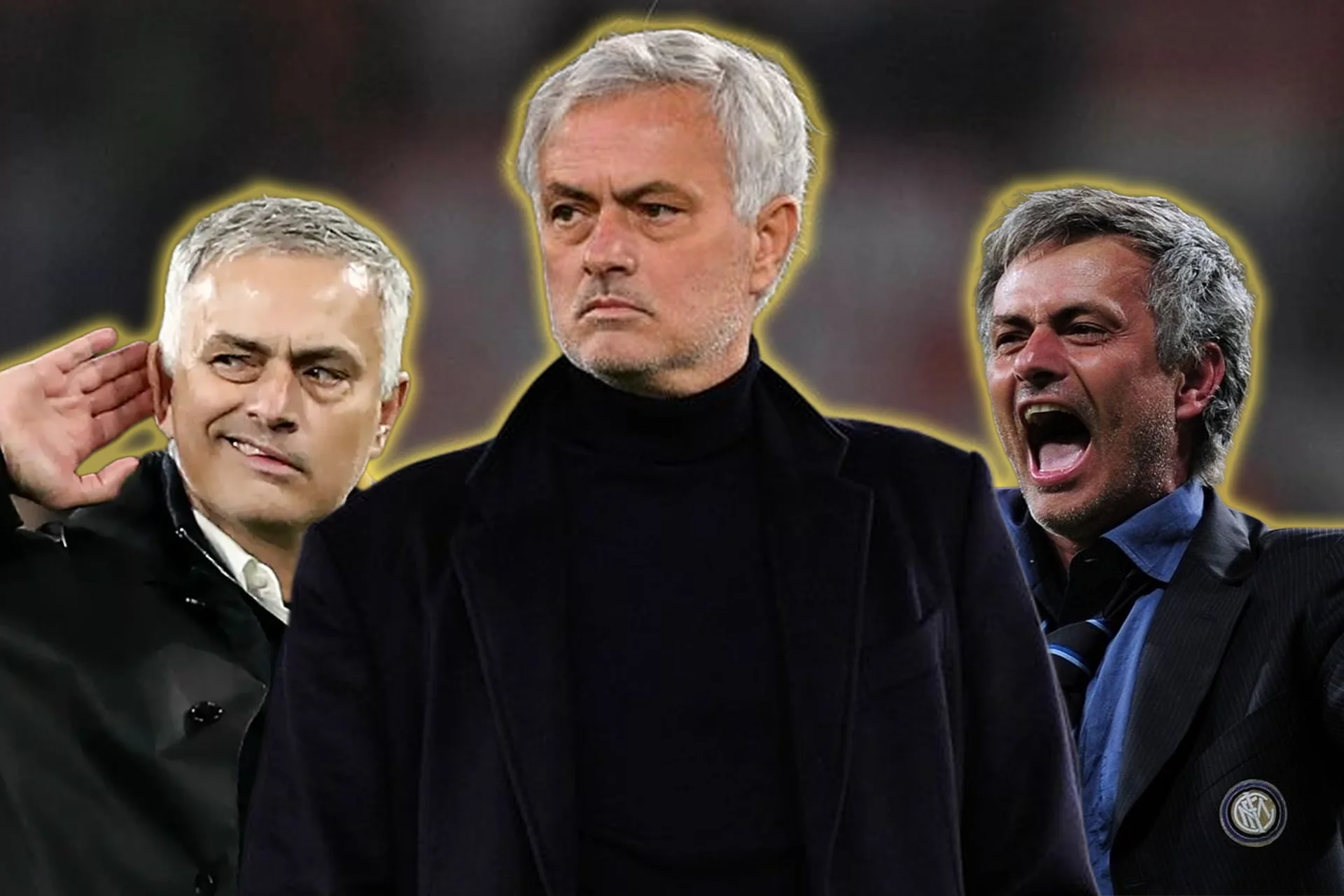 A composite image featuring three photos of football manager José Mourinho. In the center, an older Mourinho looks on seriously, dressed in a black turtleneck and dark overcoat. On the left, a younger, smirking Mourinho cups a hand to his ear. On the right, he is captured mid-celebration, screaming with joy while wearing a suit jacket with an visible Inter Milan crest.