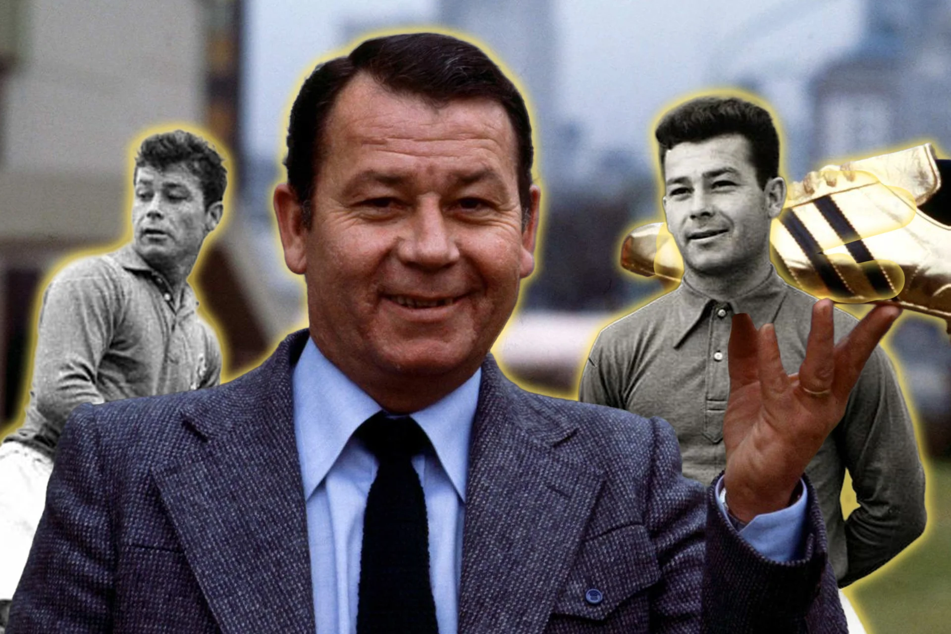 A tribute image of French football legend Just Fontaine. The central color photo shows an older Fontaine smiling warmly in a grey plaid blazer, light blue shirt, and black tie. In the background on the left, a vintage black-and-white photo shows him as a young player looking off-camera. On the right, another vintage photo shows him proudly balancing a golden boot trophy on his hand.