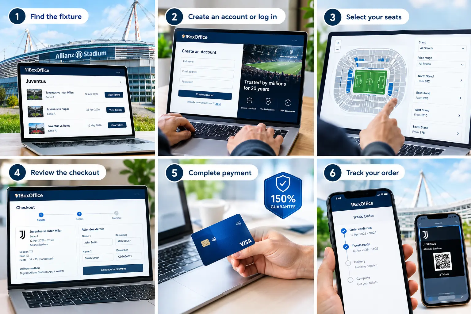 Step-by-step 6-panel guide explaining how to buy Juventus tickets on 1BoxOffice, from finding fixtures and selecting seats to checkout, payment, and order tracking.