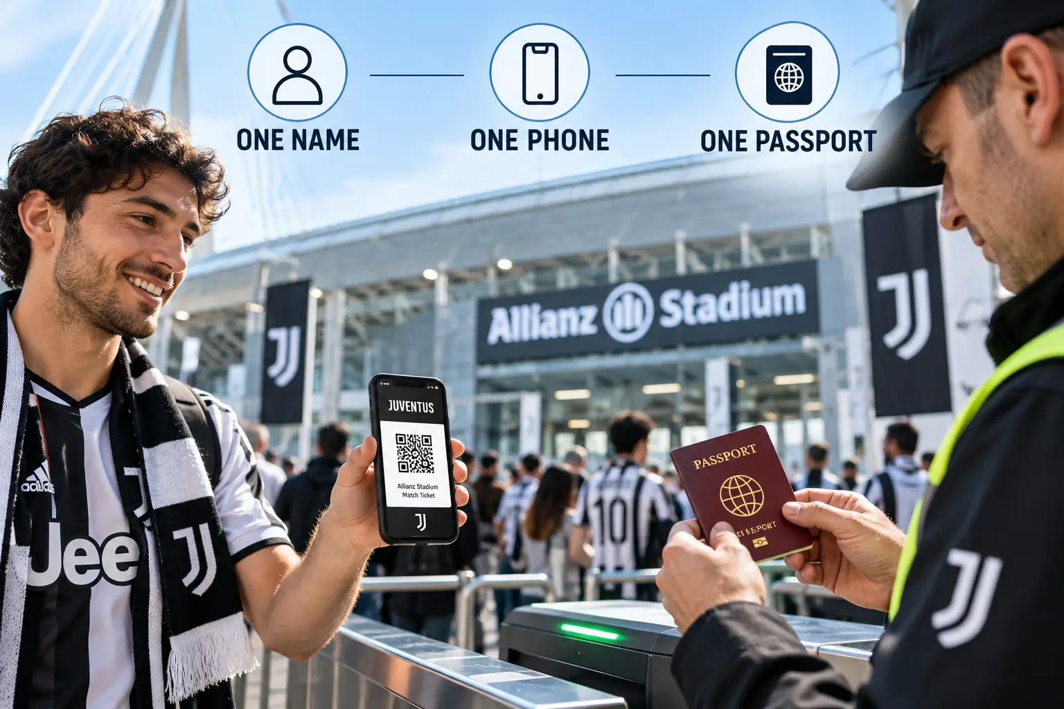 Fan at Allianz Stadium presenting a digital match ticket on a smartphone alongside a physical passport to a security officer.