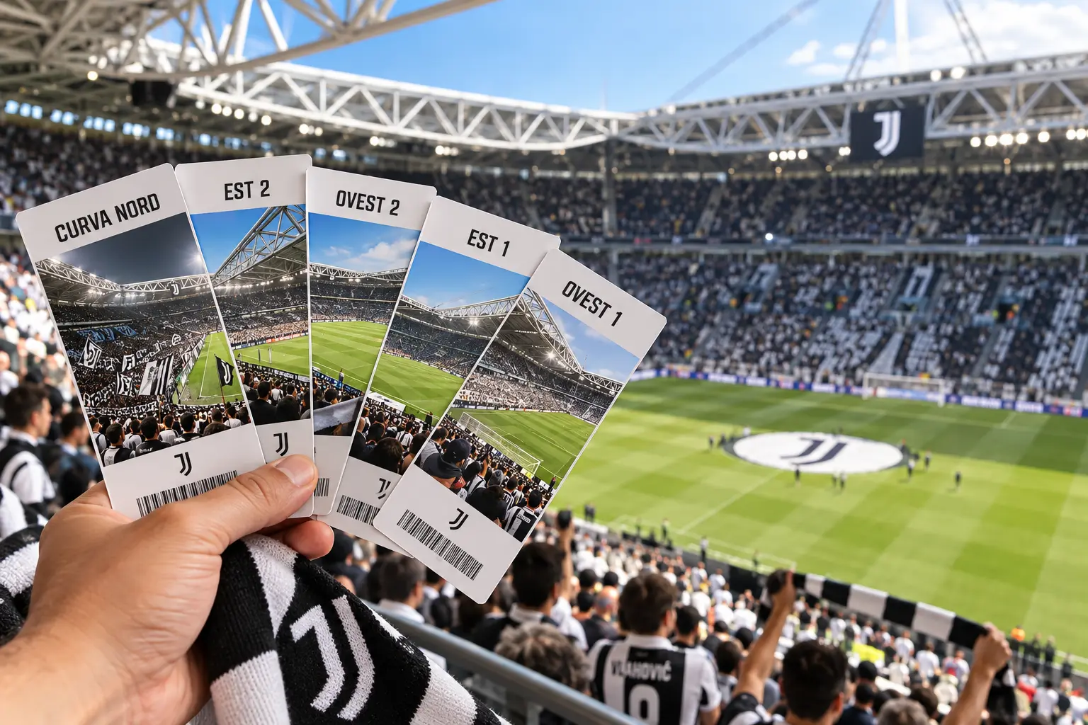 Hand holding five Juventus match tickets corresponding to different stadium seating sections: Curva Nord, Est 2, Ovest 2, Est 1, and Ovest 1.