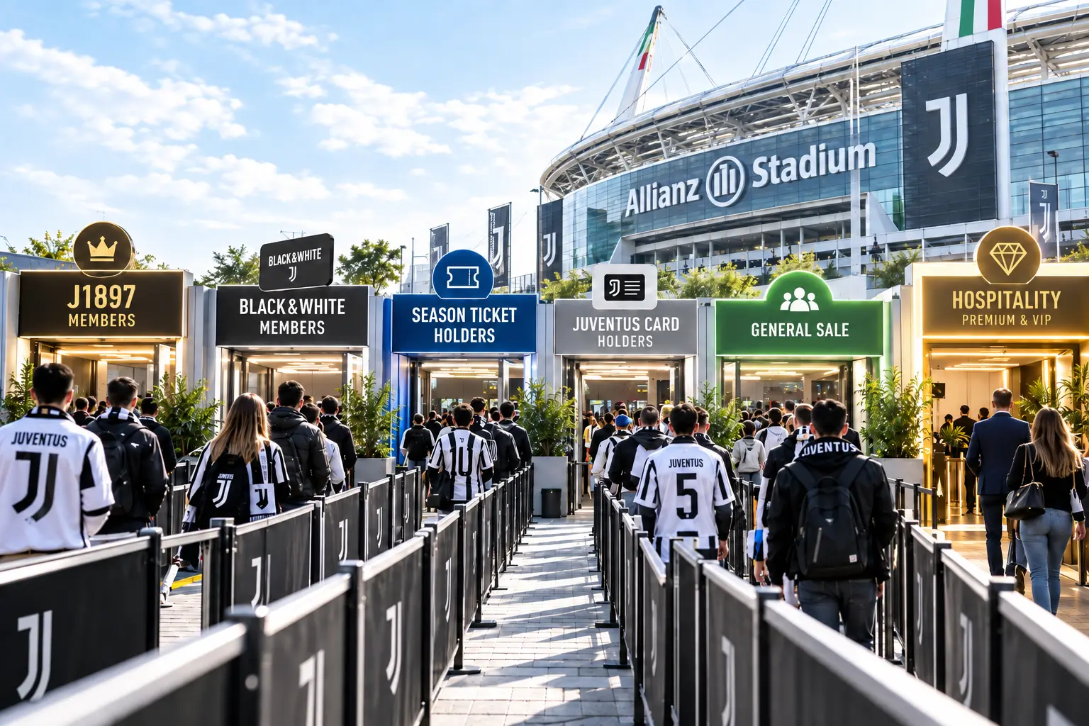 Fans queuing at Allianz Stadium under entrance banners categorized by access type: J1897 Members, Black&White Members, Season Ticket Holders, Juventus Card Holders, General Sale, and Hospitality.
