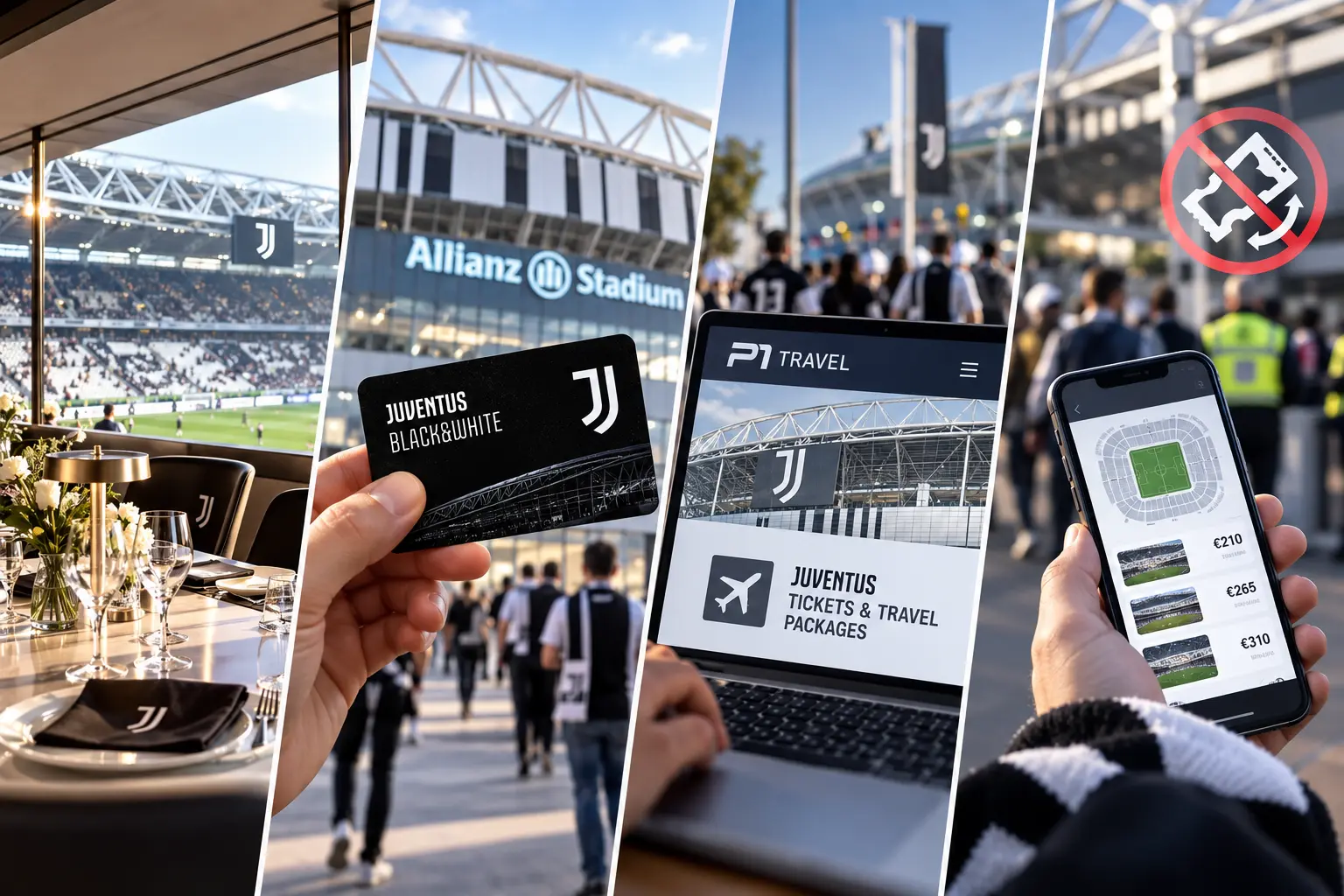 Collage showing four ways to access Juventus matches: VIP dining table, Black&White membership card, P1 Travel website booking, and a smartphone displaying seating prices.