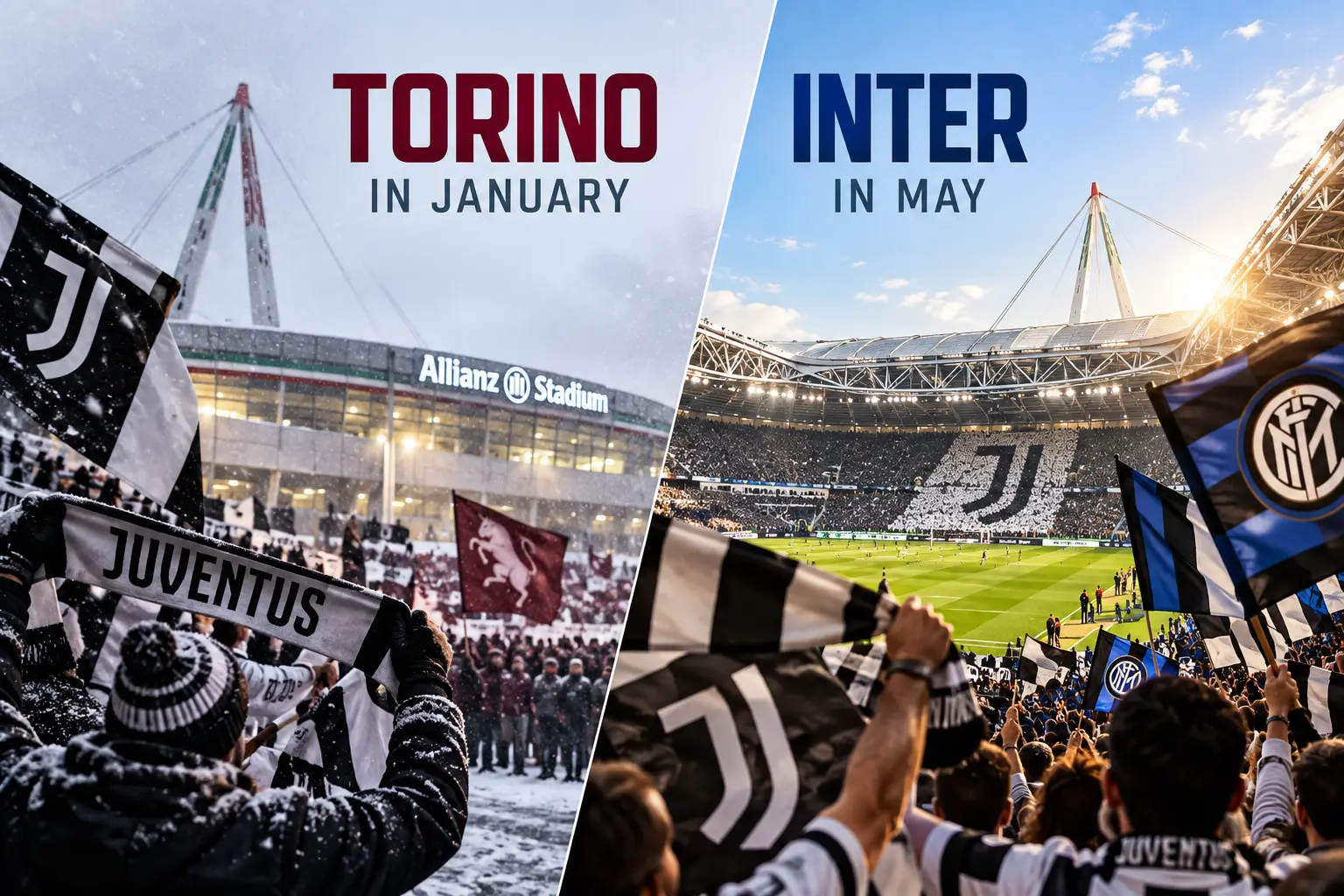 Split-screen graphic displaying atmospheric Juventus matchday crowds: snowy winter atmosphere titled "Torino in January" and a sunny stadium panorama titled "Inter in May".