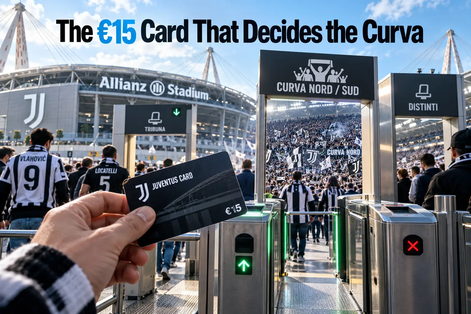 A hand holding a 15-euro black Juventus Card in front of the Curva Nord stadium turnstiles at Allianz Stadium.