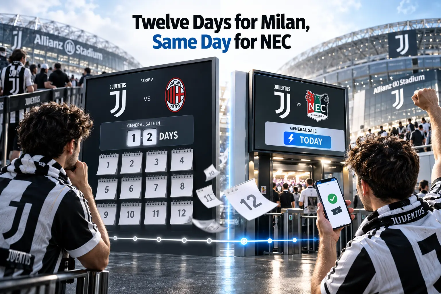 Side-by-side comparison illustrating general sale release timelines at Allianz Stadium, showing 12 days notice for a match against Milan versus same-day availability for NEC.